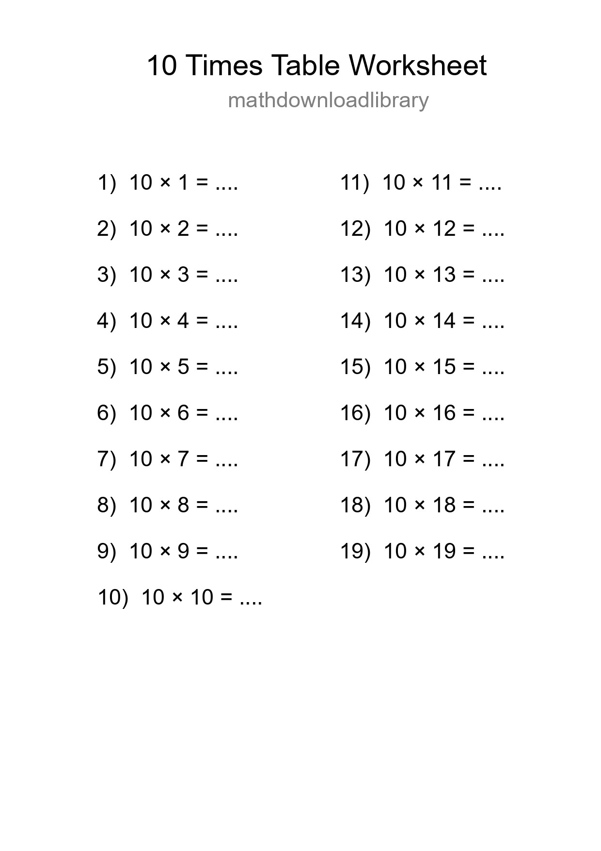 10 Times Table Worksheet For Grade 3 - Part 130