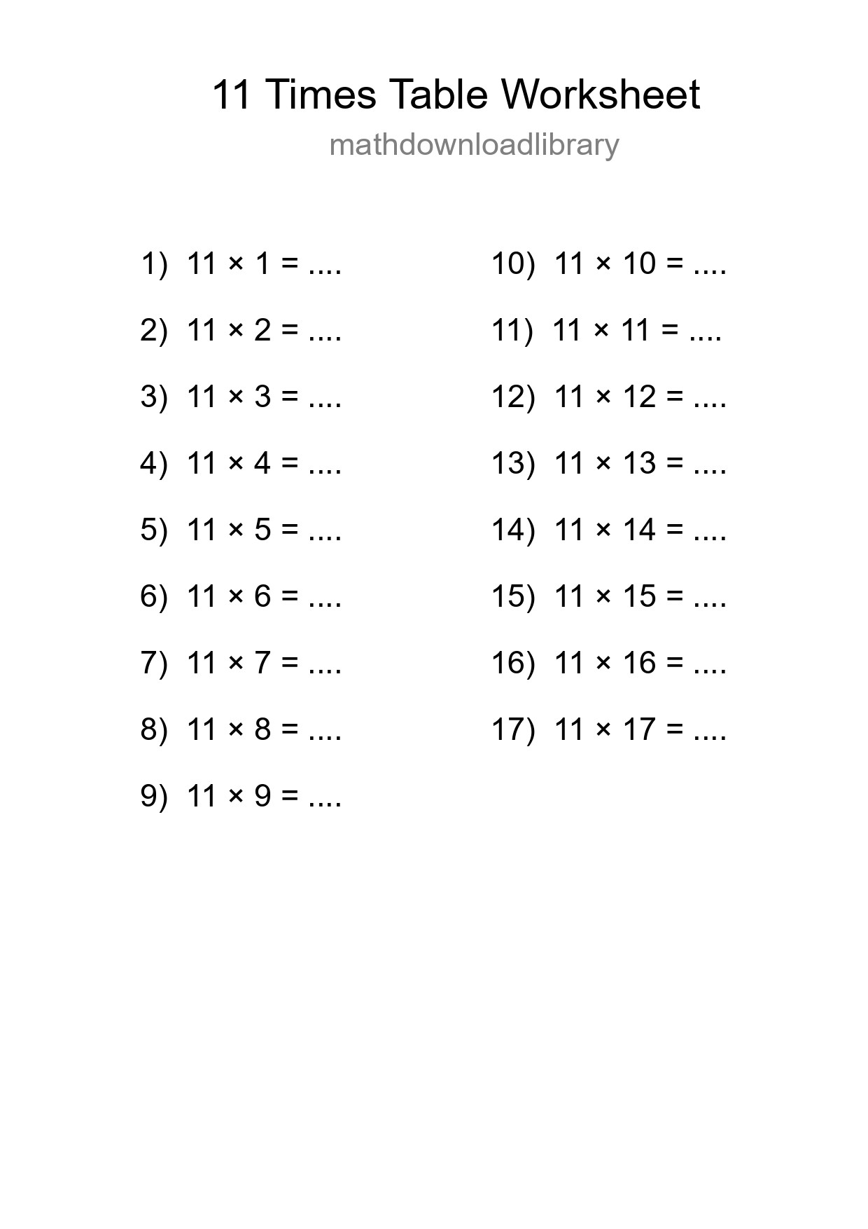 11 Times Table Worksheet For Grade 4 - Part 64