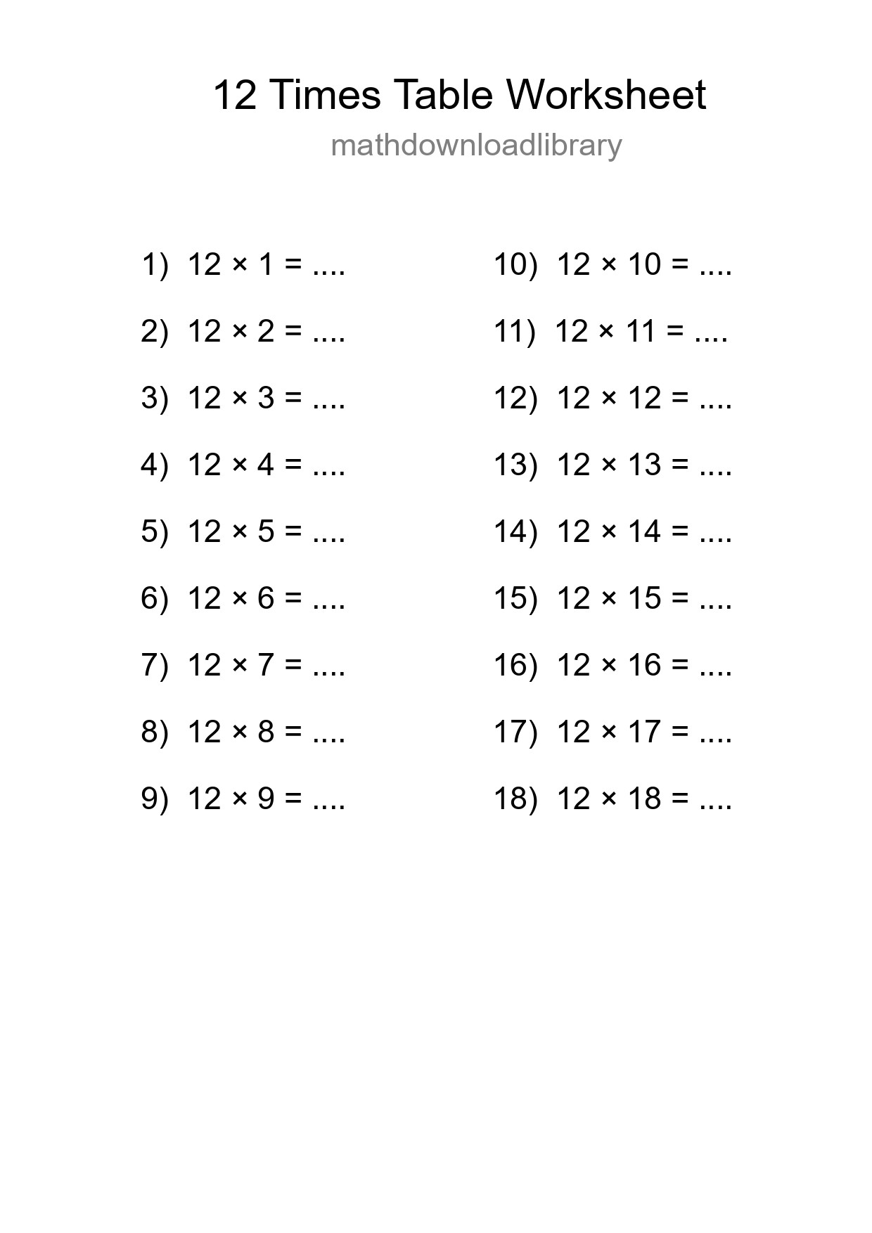 12 Times Table Worksheet For Grade 4 With Answers - Part 9