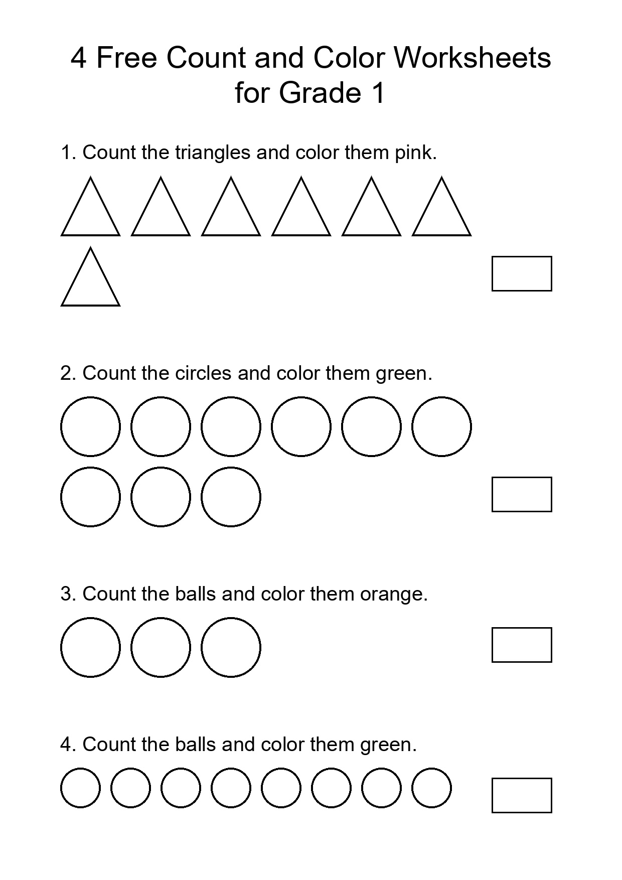 4 Free Count and Color Worksheets for Grade 1