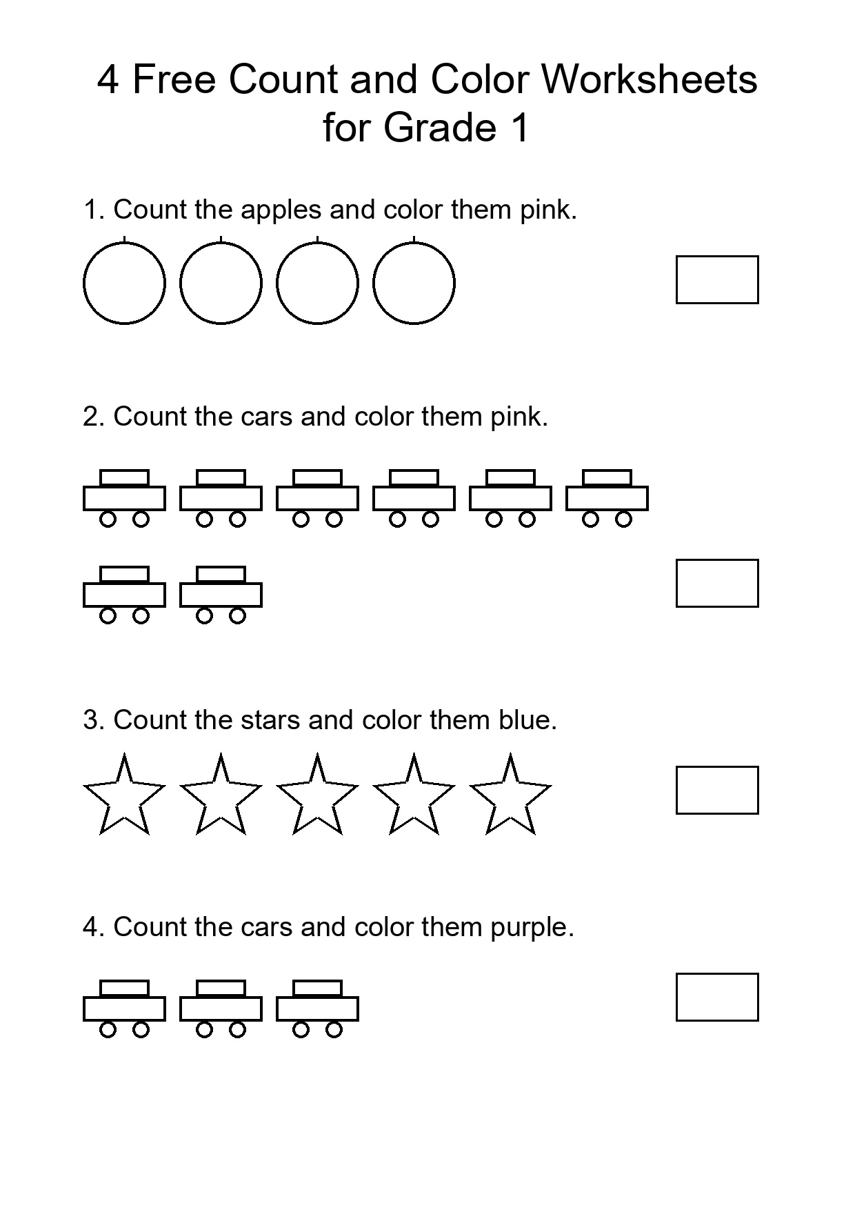 4 Free Count and Color Worksheets for Grade 1