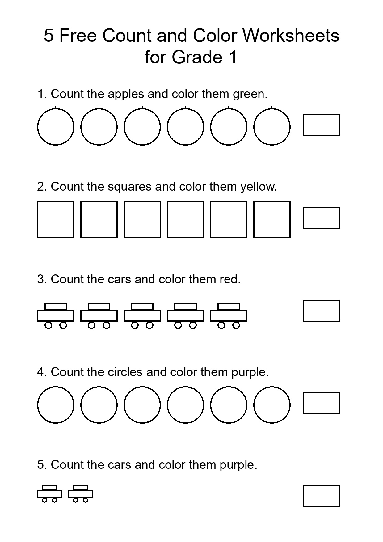 5 Free Count and Color Worksheets for Grade 1