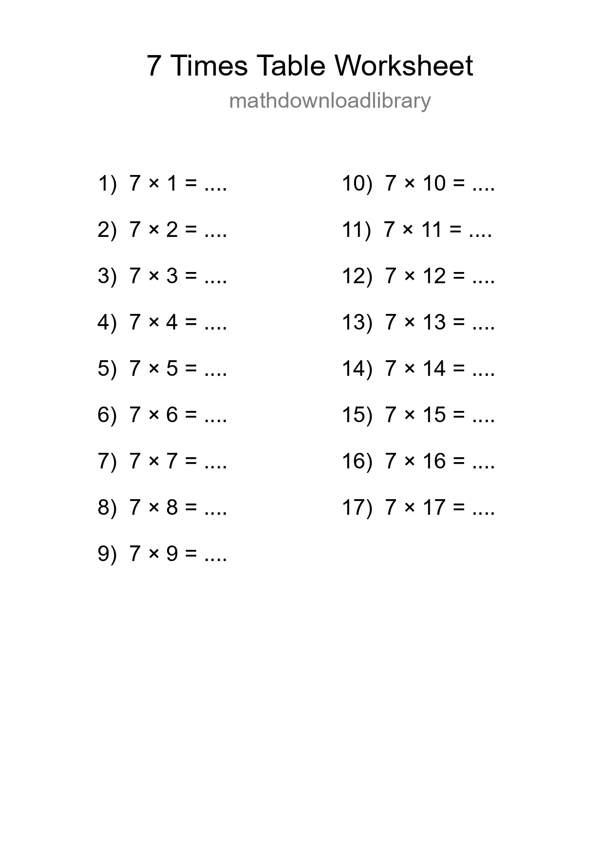 7 Times Table Worksheet For Grade 3 - Part 207