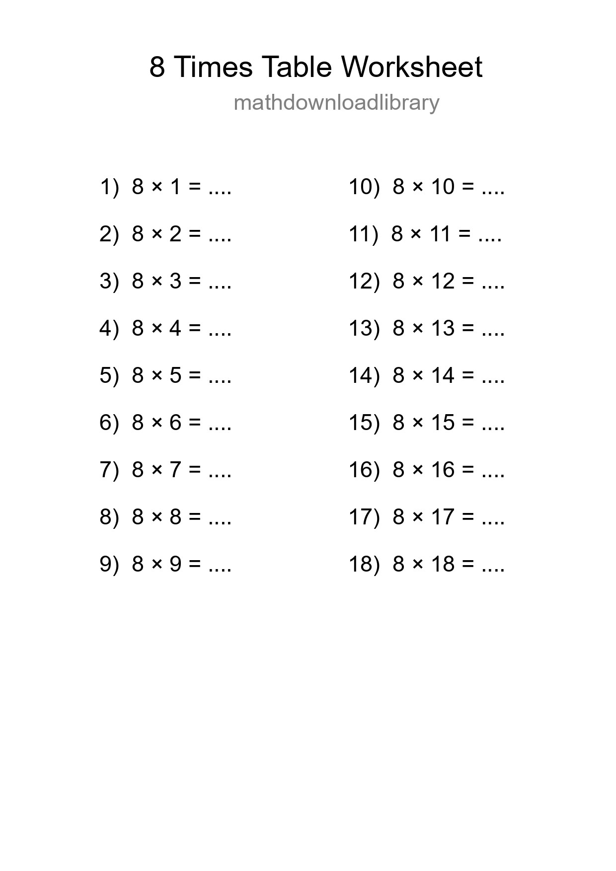 8 Times Table Worksheet For Grade 3 With Answers - Part 141