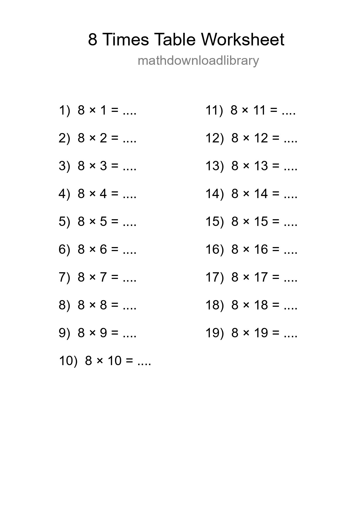 8 Times Table Worksheet For Grade 3 With Answers - Part 262