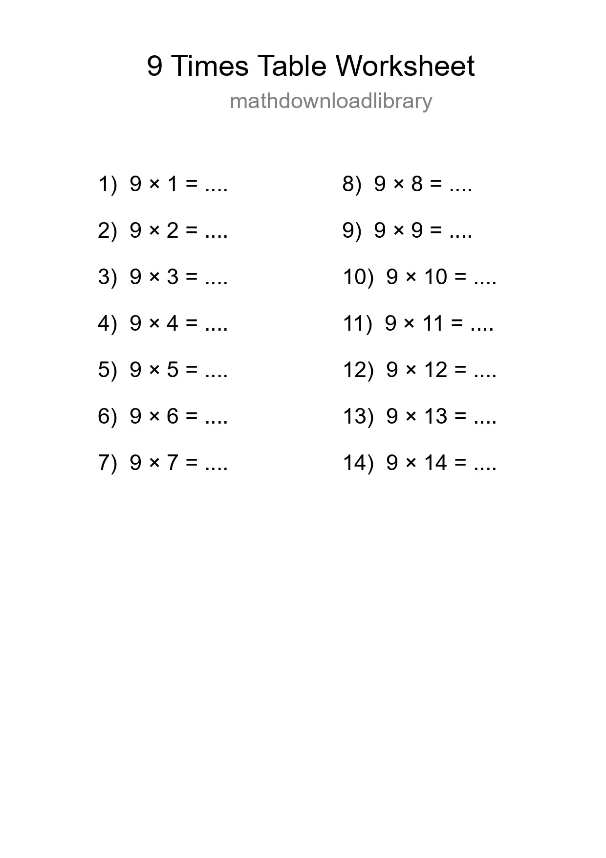 9 Times Table Worksheet For Grade 3 With Answers - Part 42