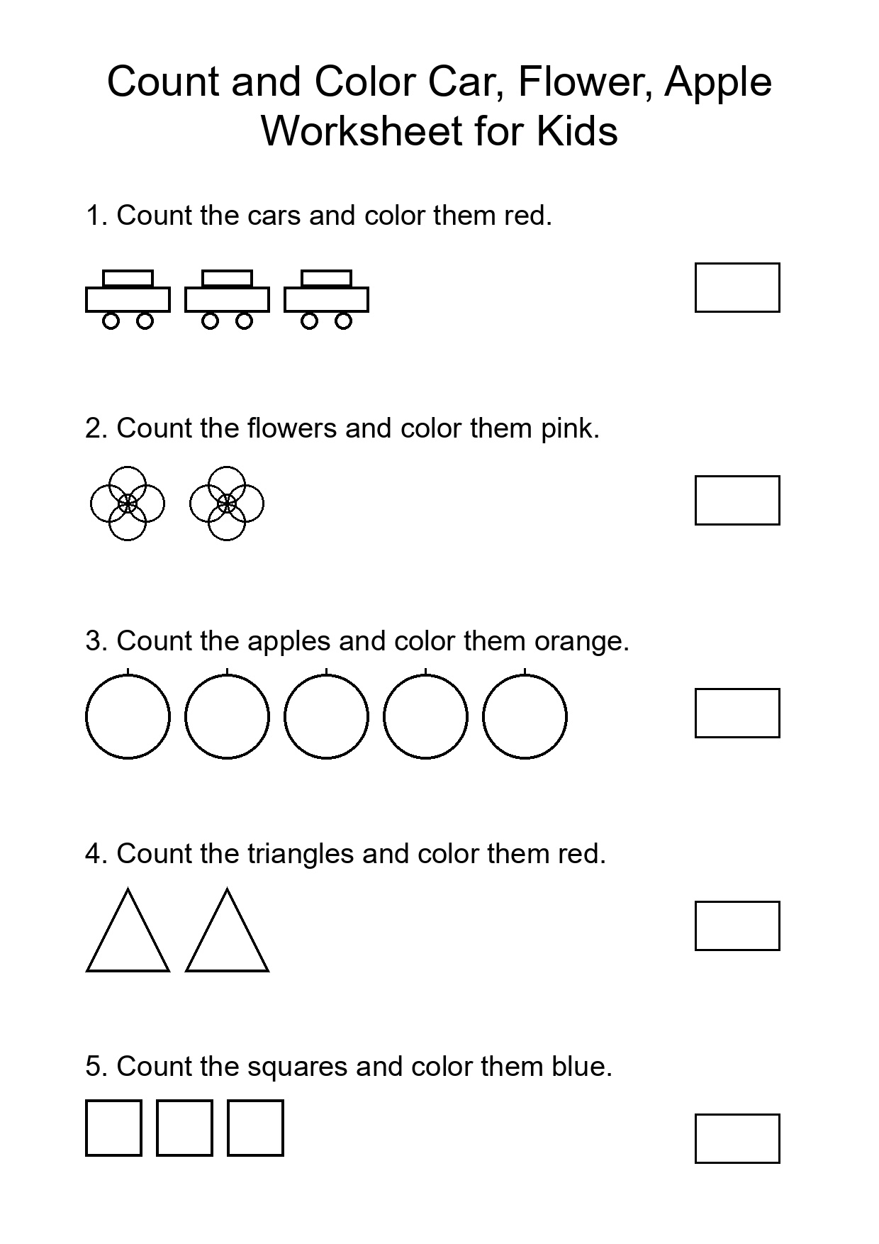 Count and Color Car, Flower, Apple Worksheet for Kids