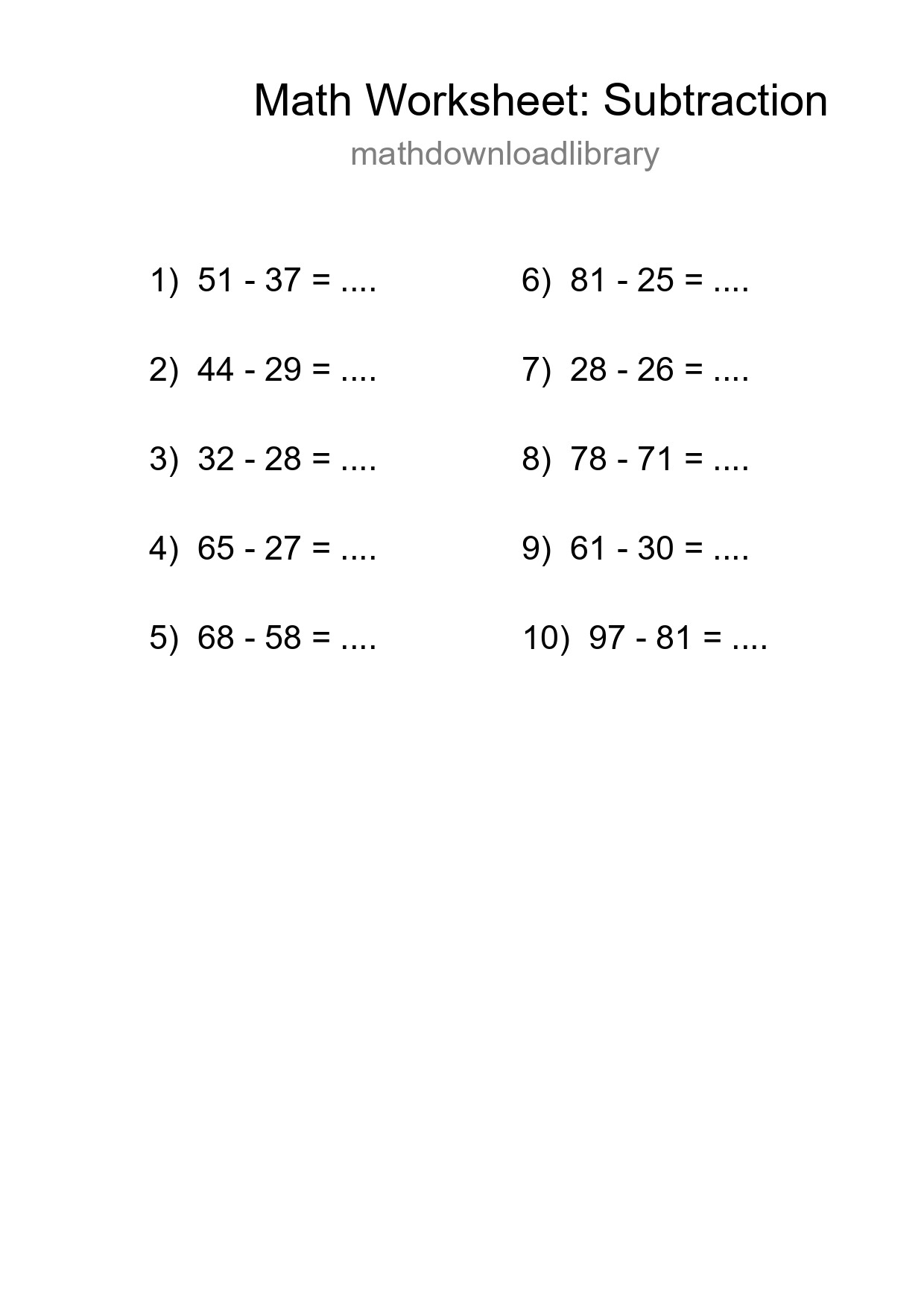 Free 10 Subtraction Math Worksheet For Grade 3 With Answers - Part 283