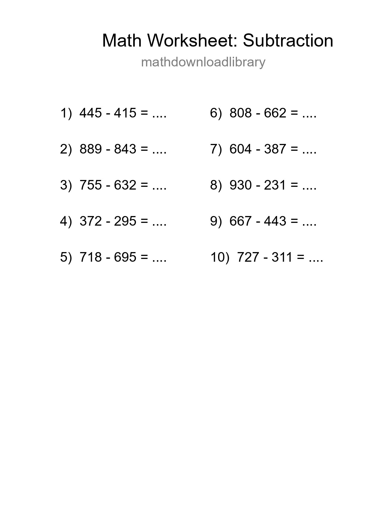 Free 10 Subtraction Math Worksheet For Grade 5 - Part 228