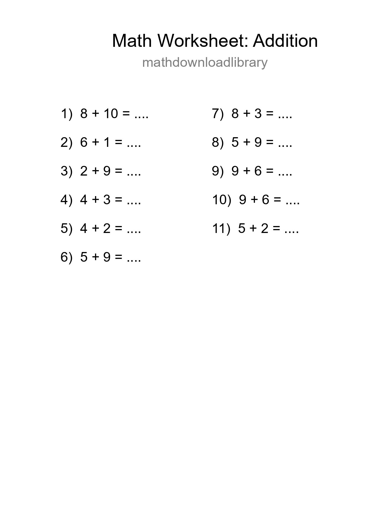 Free 11 Addition Math Worksheet For Grade 1 With Answers - Part 188
