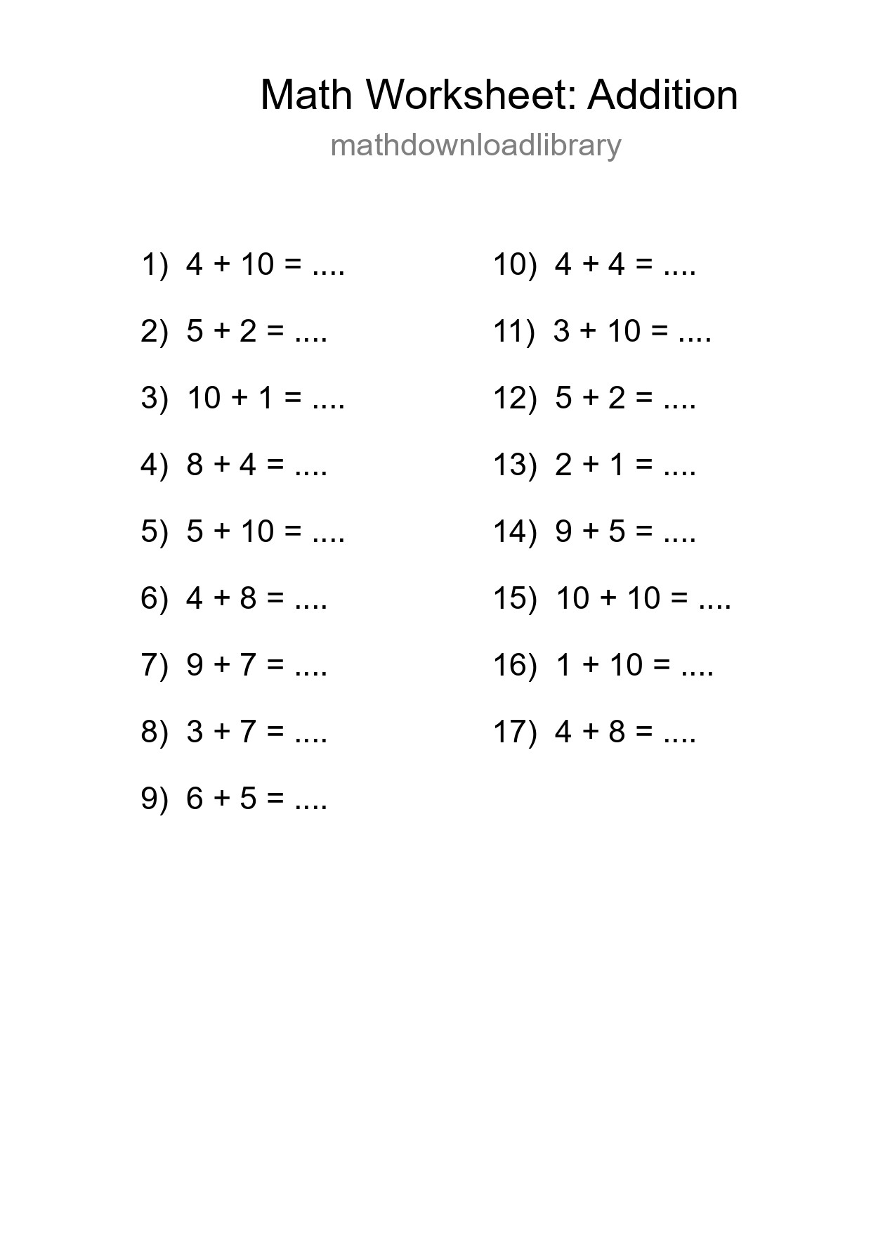 Free 17 Addition Math Worksheet For Grade 1 - Part 232