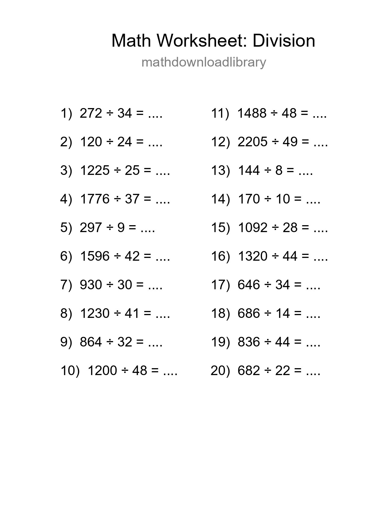 Free 20 Division Math Worksheet For Grade 2 With Answers - Part 4