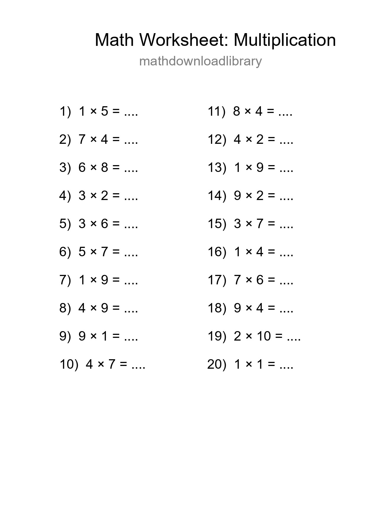 Free 20 Multiplication Math Worksheet For Grade 1 - Part 271