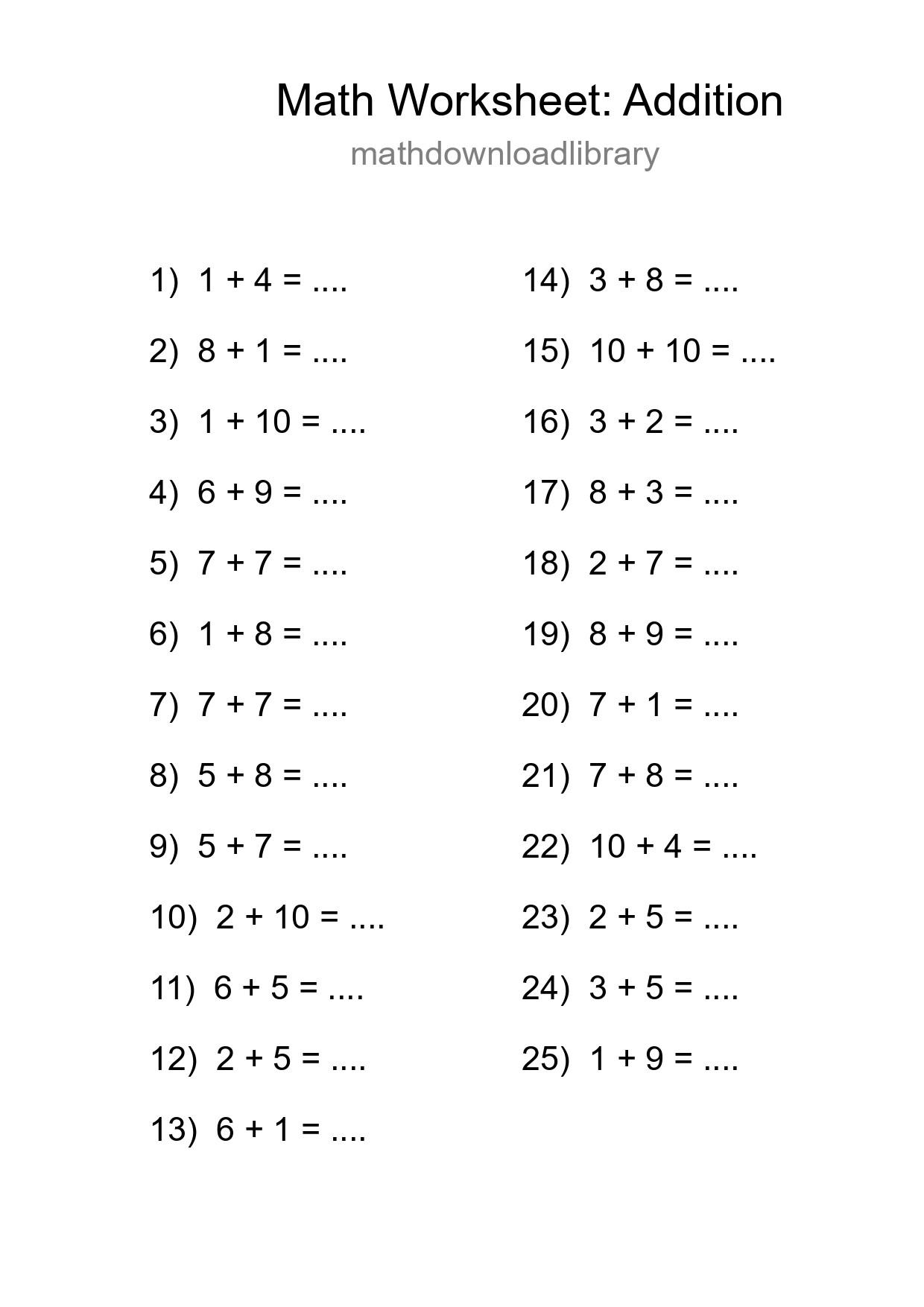 Free 25 Addition Math Worksheet For Grade 1 - Part 199