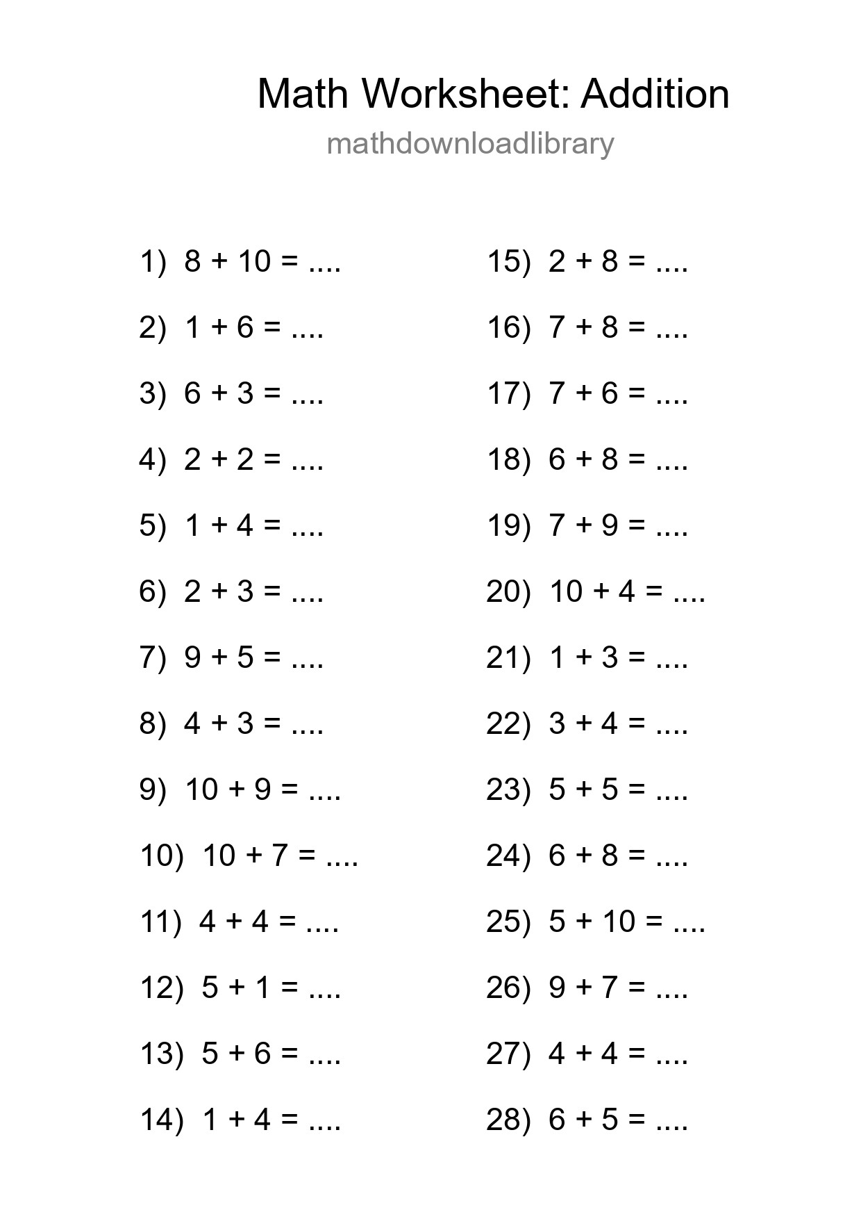 Free 28 Addition Math Worksheet For Grade 1 - Part 221