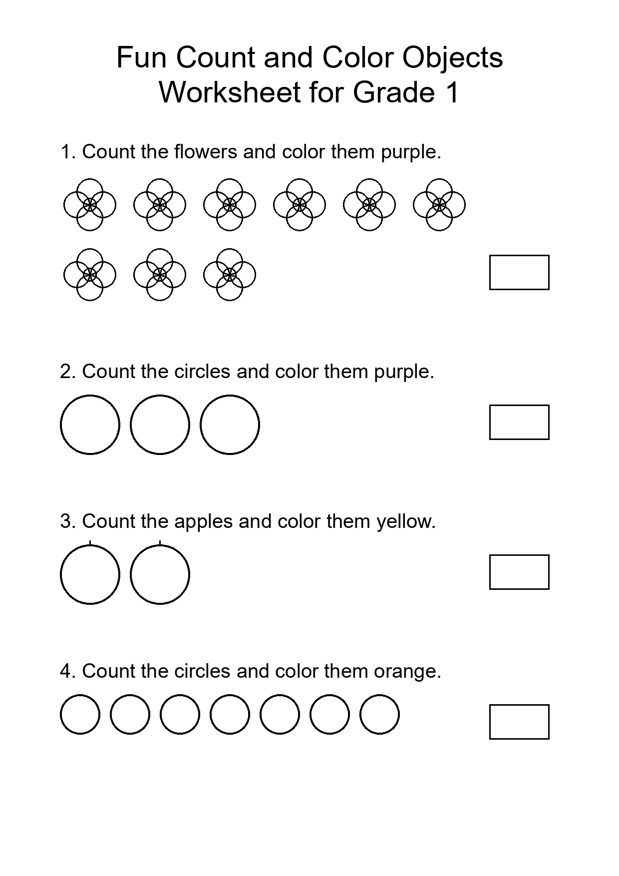 Fun Count and Color Objects Worksheet for Grade 1
