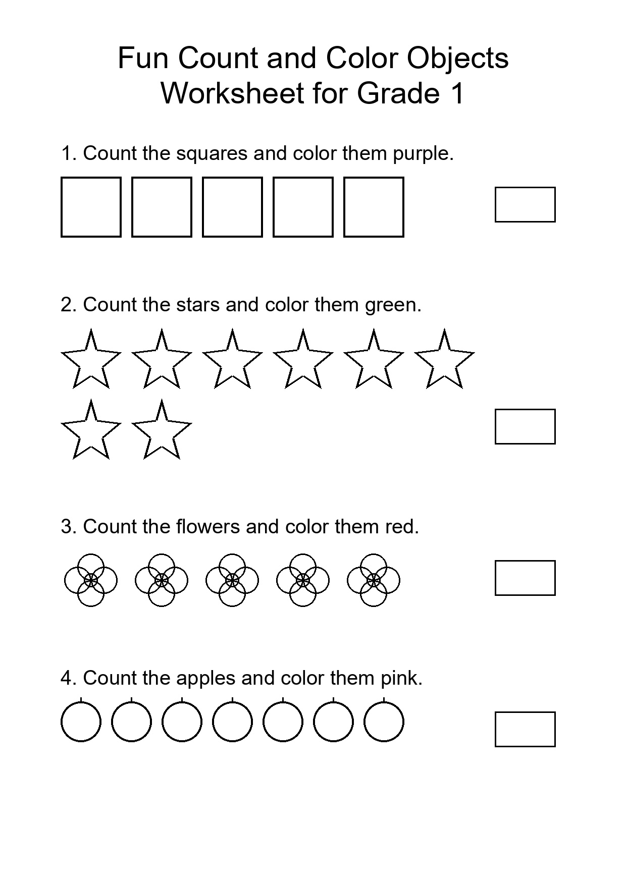 Fun Count and Color Objects Worksheet for Grade 1