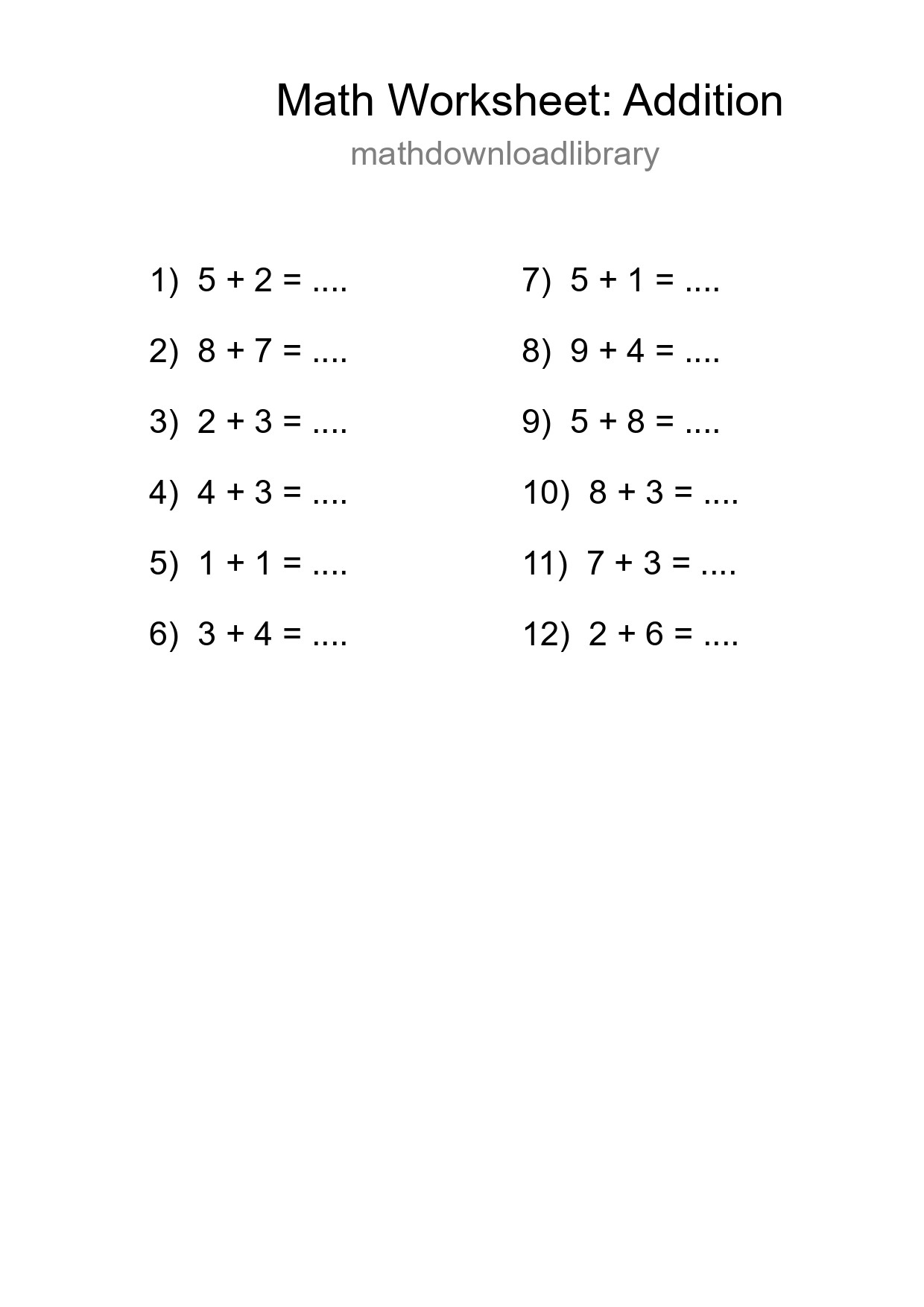 Grade 1 Addition Practice Worksheet (12 Problems) - Part 254