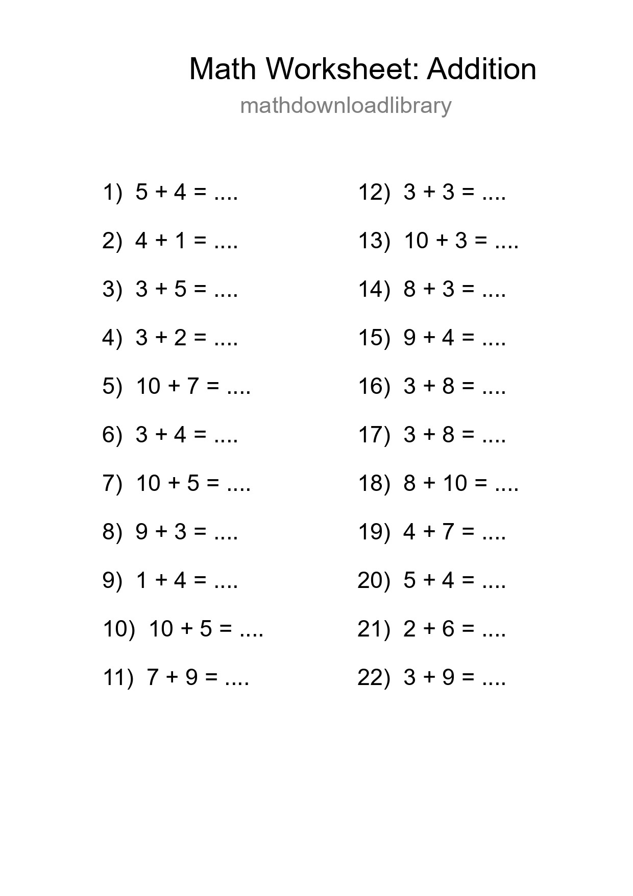 Grade 1 Addition Practice Worksheet (22 Problems) - Part 276