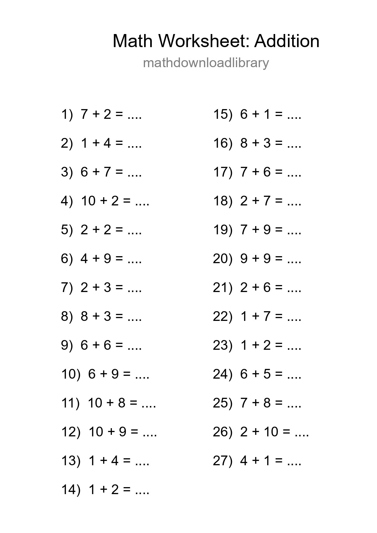Grade 1 Addition Practice Worksheet (27 Problems) - Part 23