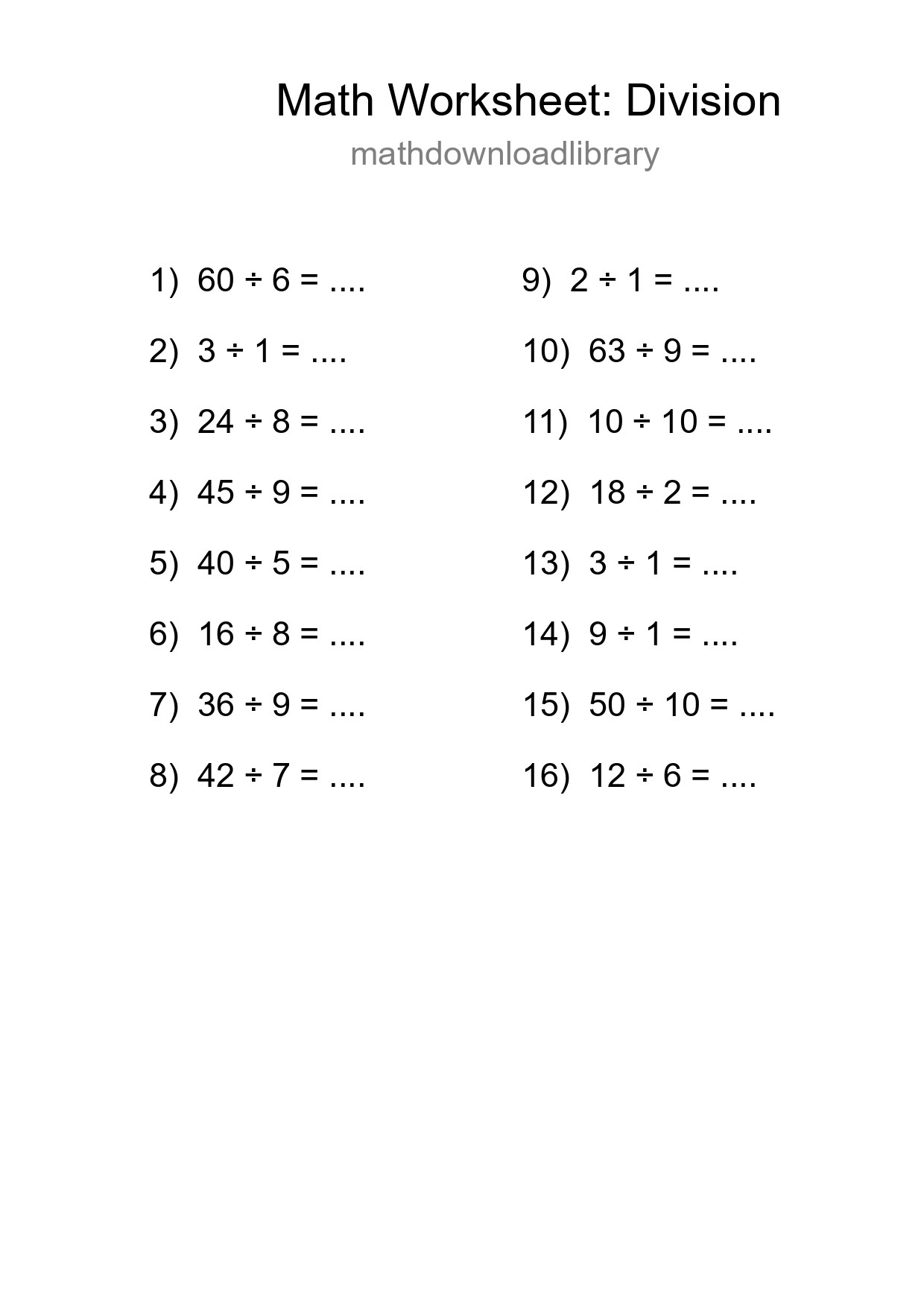 Grade 1 Division Practice Worksheet (16 Problems) - Part 147