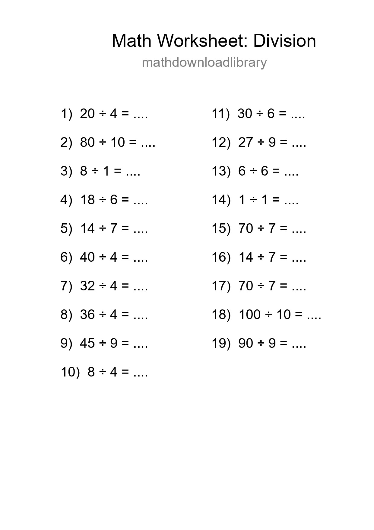 Grade 1 Division Practice Worksheet (19 Problems) - Part 169
