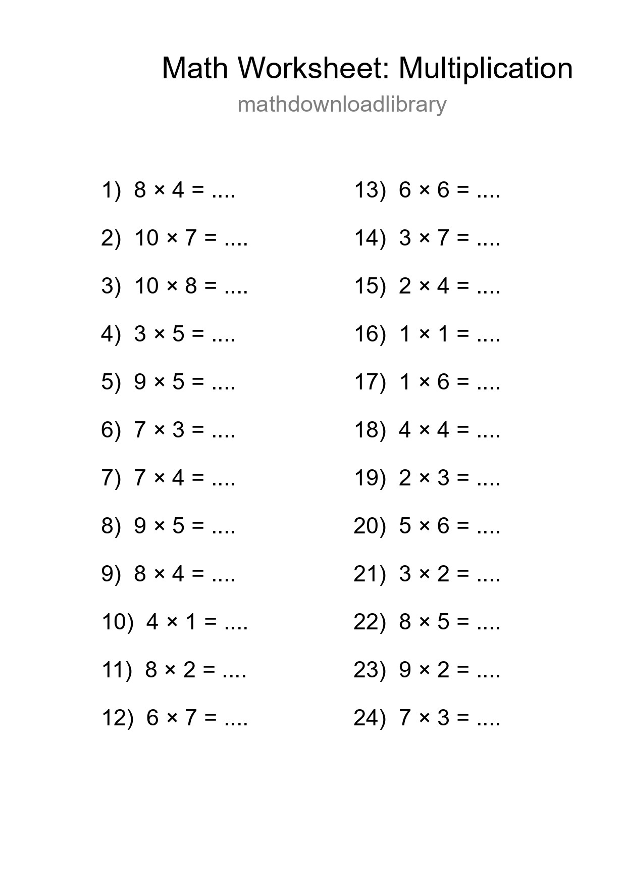 Grade 1 Multiplication Practice Worksheet (24 Problems) - Part 238