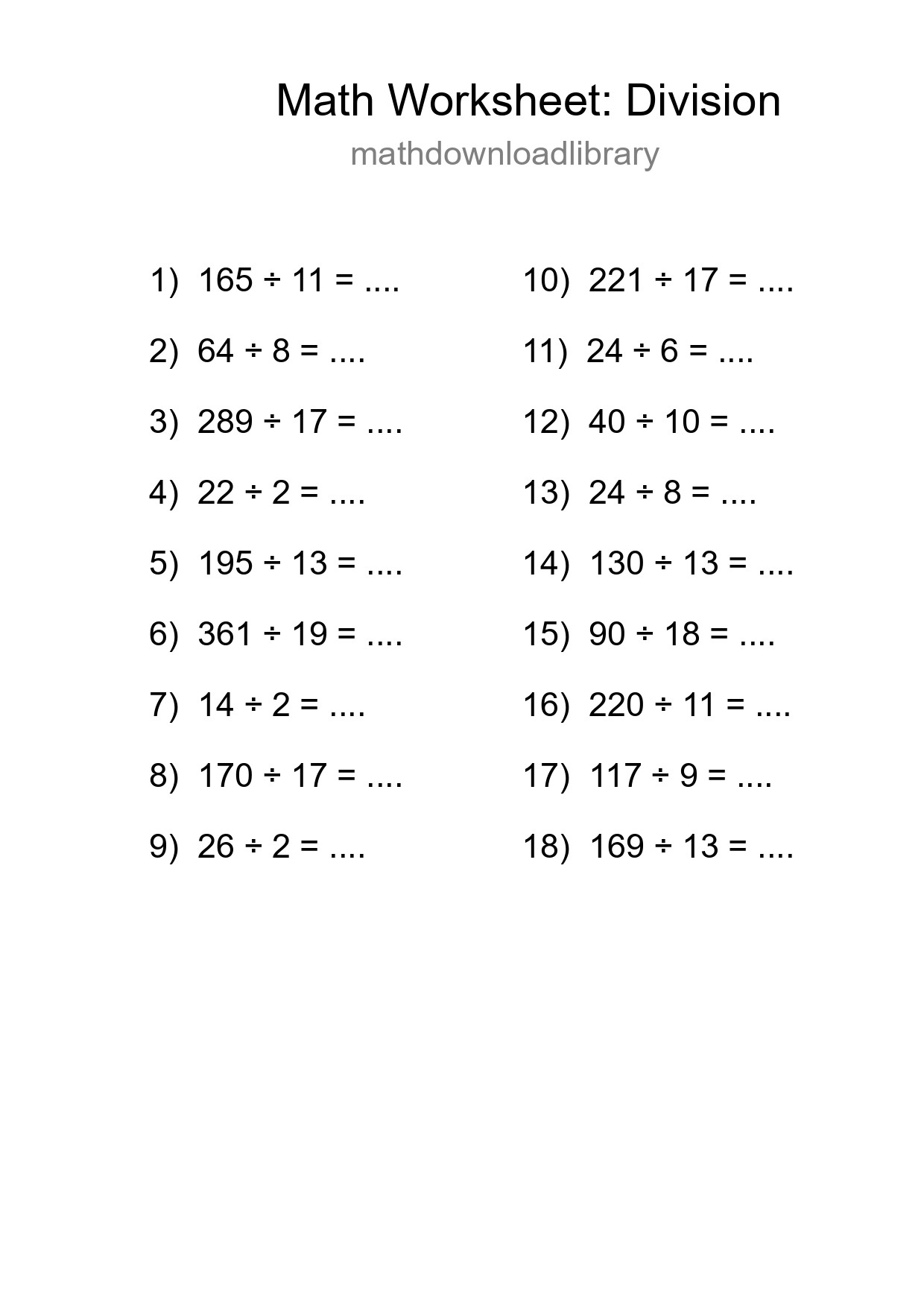Grade 2 Division Practice Worksheet (18 Problems) - Part 92