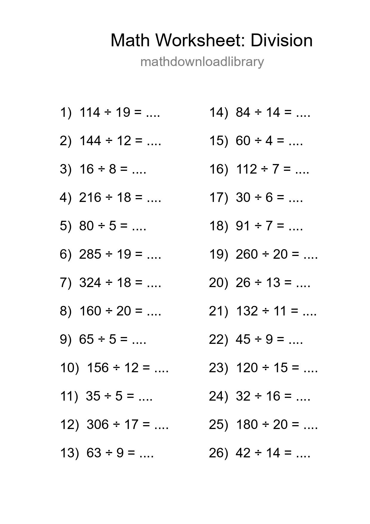 Grade 2 Division Practice Worksheet (26 Problems) - Part 224
