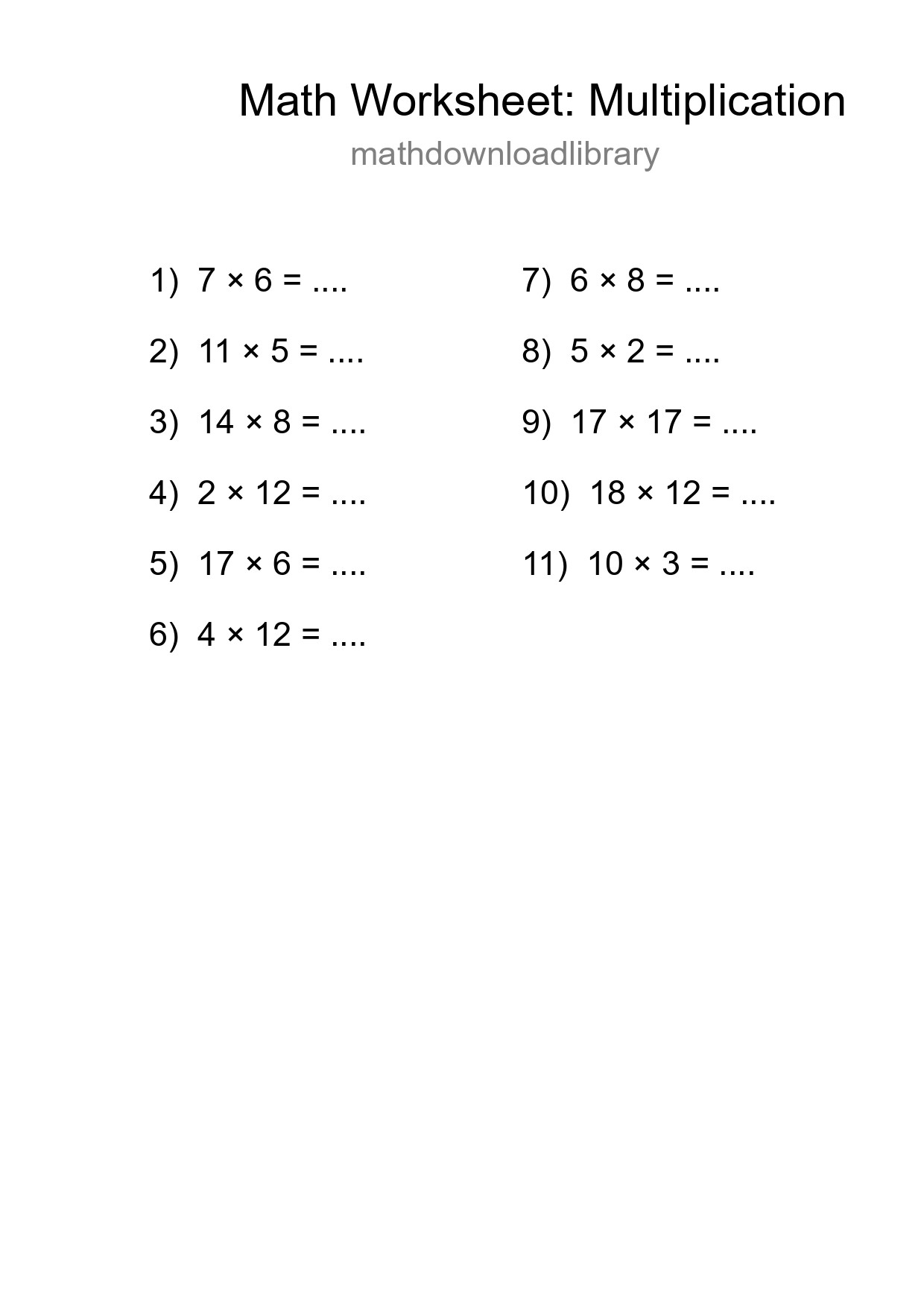 Grade 2 Multiplication Practice Worksheet (11 Problems) - Part 62