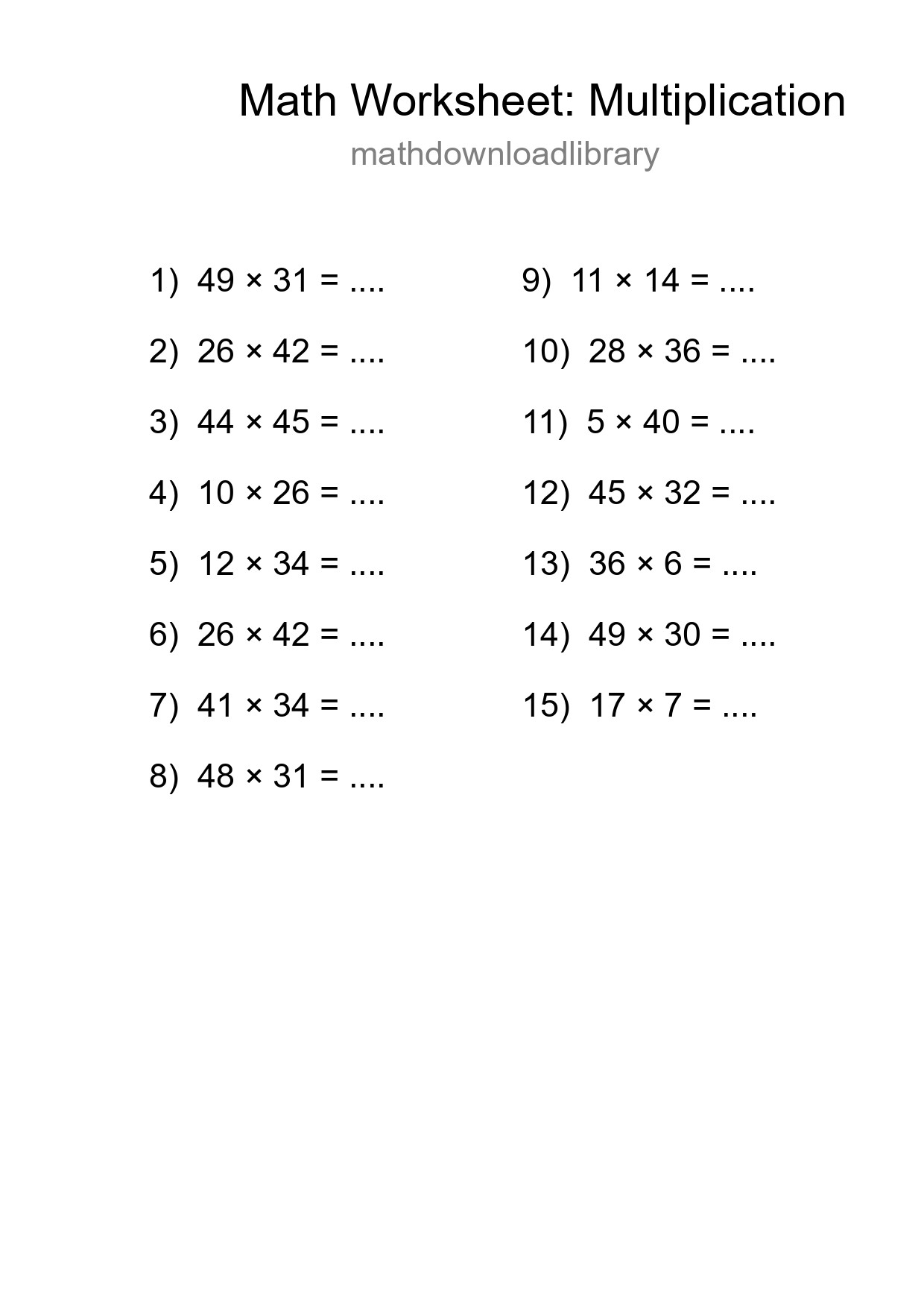 Grade 2 Multiplication Practice Worksheet (15 Problems) - Part 194
