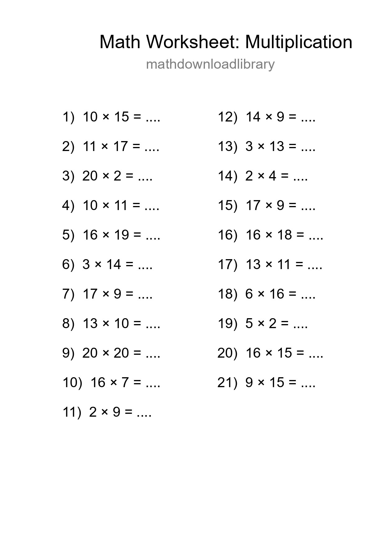 Grade 2 Multiplication Practice Worksheet (21 Problems) - Part 117