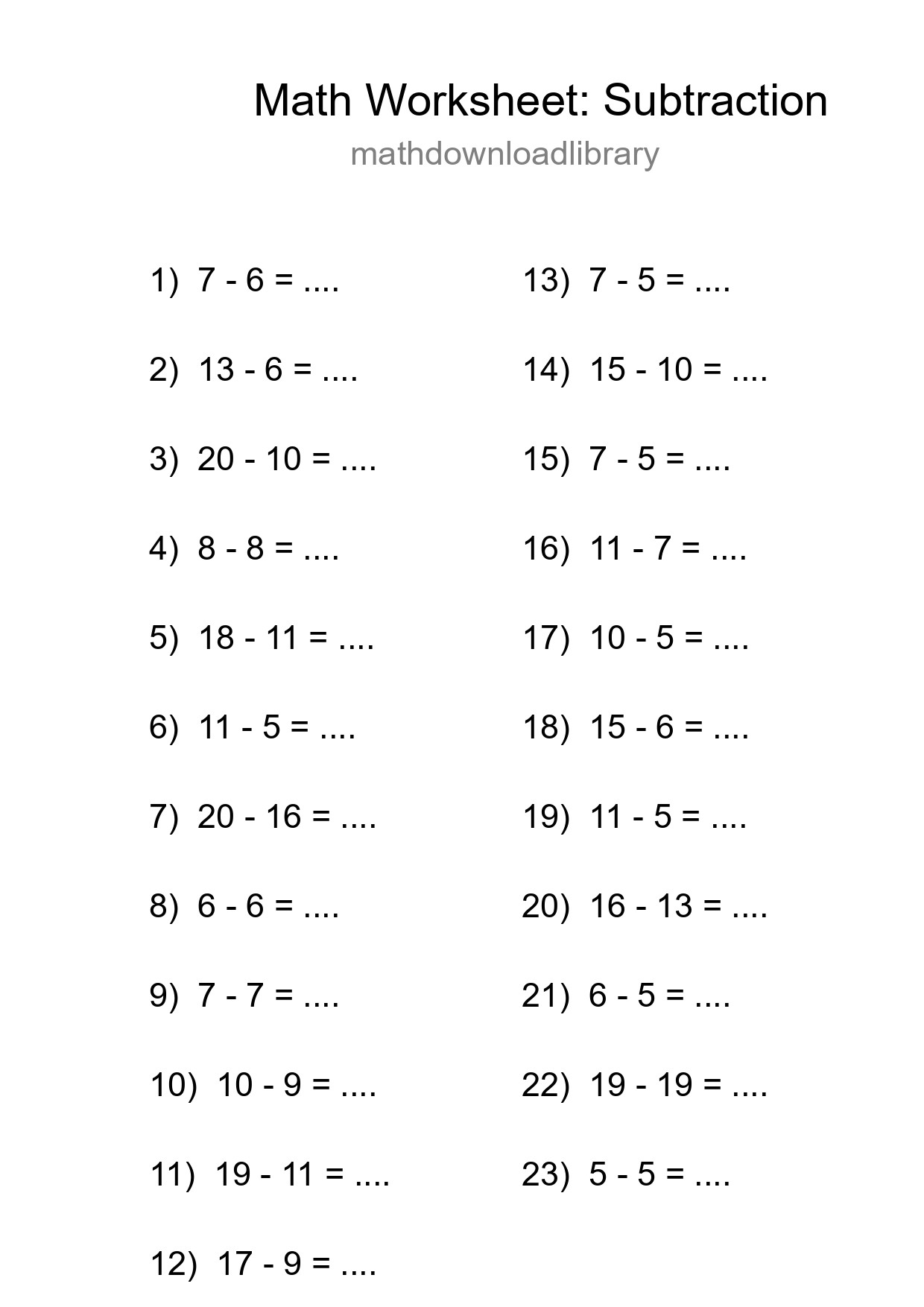 Grade 2 Subtraction Practice Worksheet (23 Problems) - Part 19