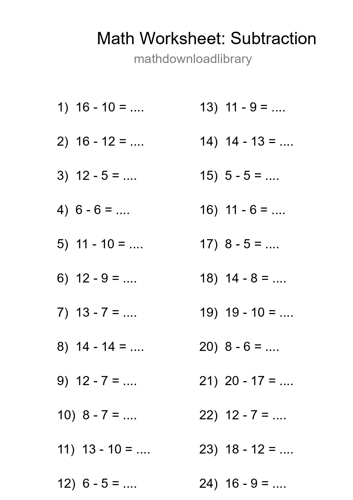 Grade 2 Subtraction Practice Worksheet (24 Problems) - Part 239