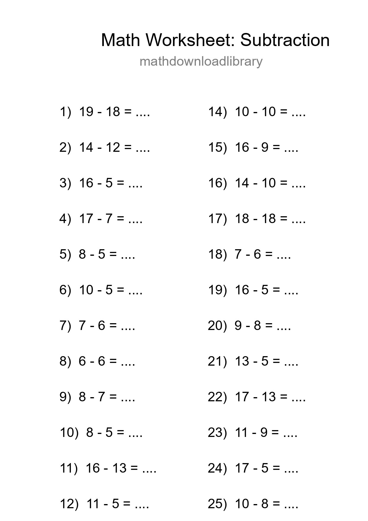 Grade 2 Subtraction Practice Worksheet (25 Problems) - Part 96