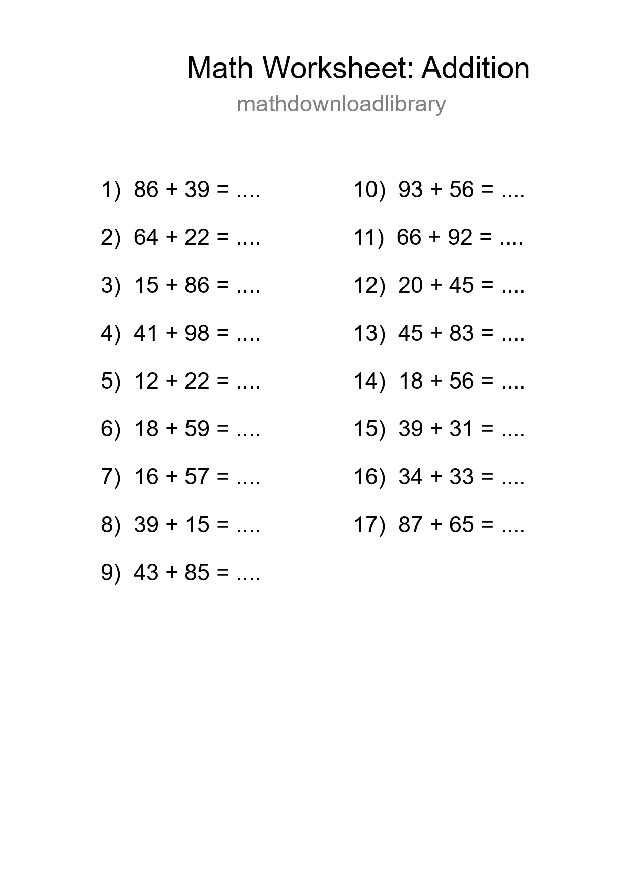 Grade 3 Addition Practice Worksheet (17 Problems) - Part 144