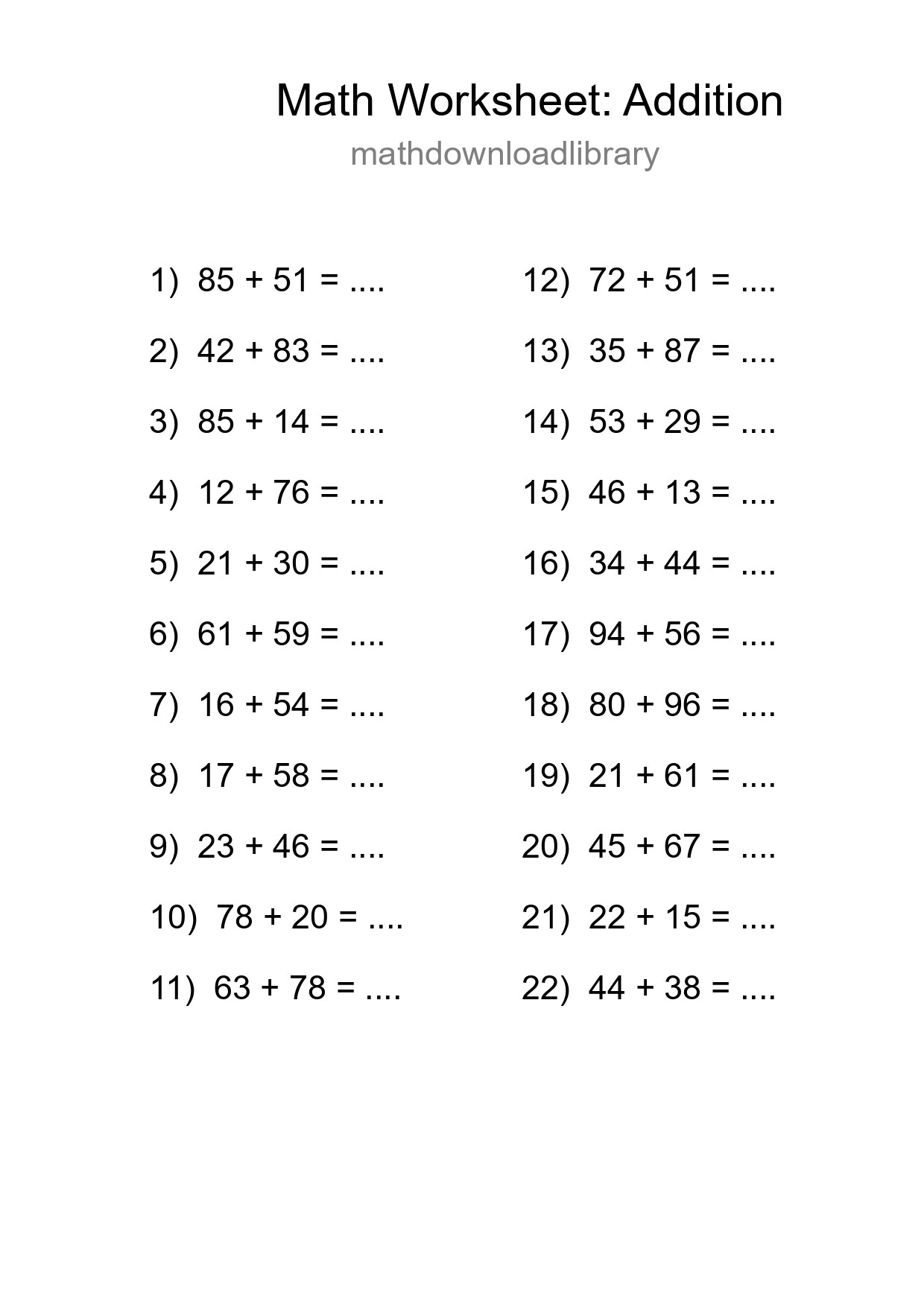 Grade 3 Addition Practice Worksheet (22 Problems) - Part 122