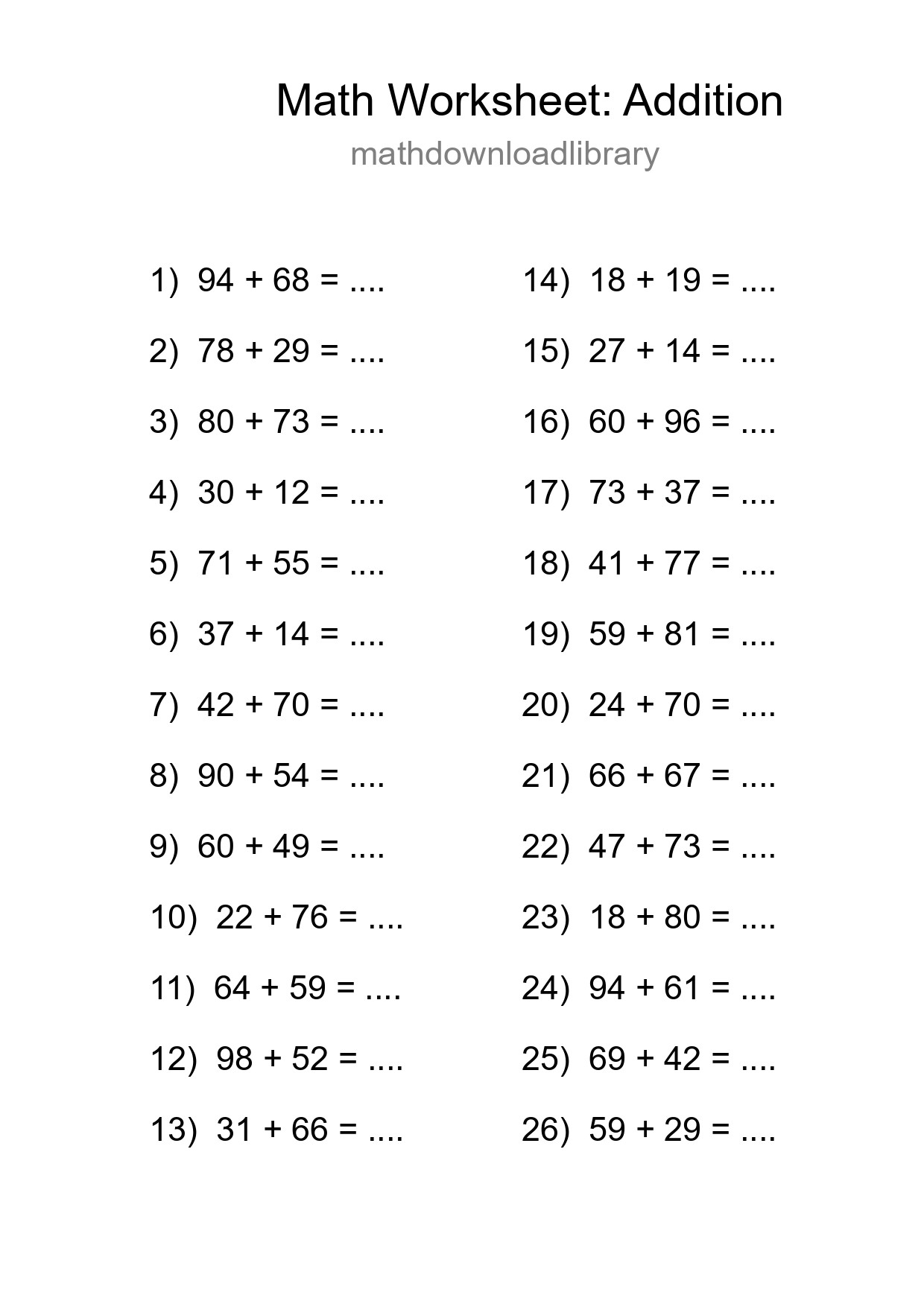 Grade 3 Addition Practice Worksheet (26 Problems) - Part 67