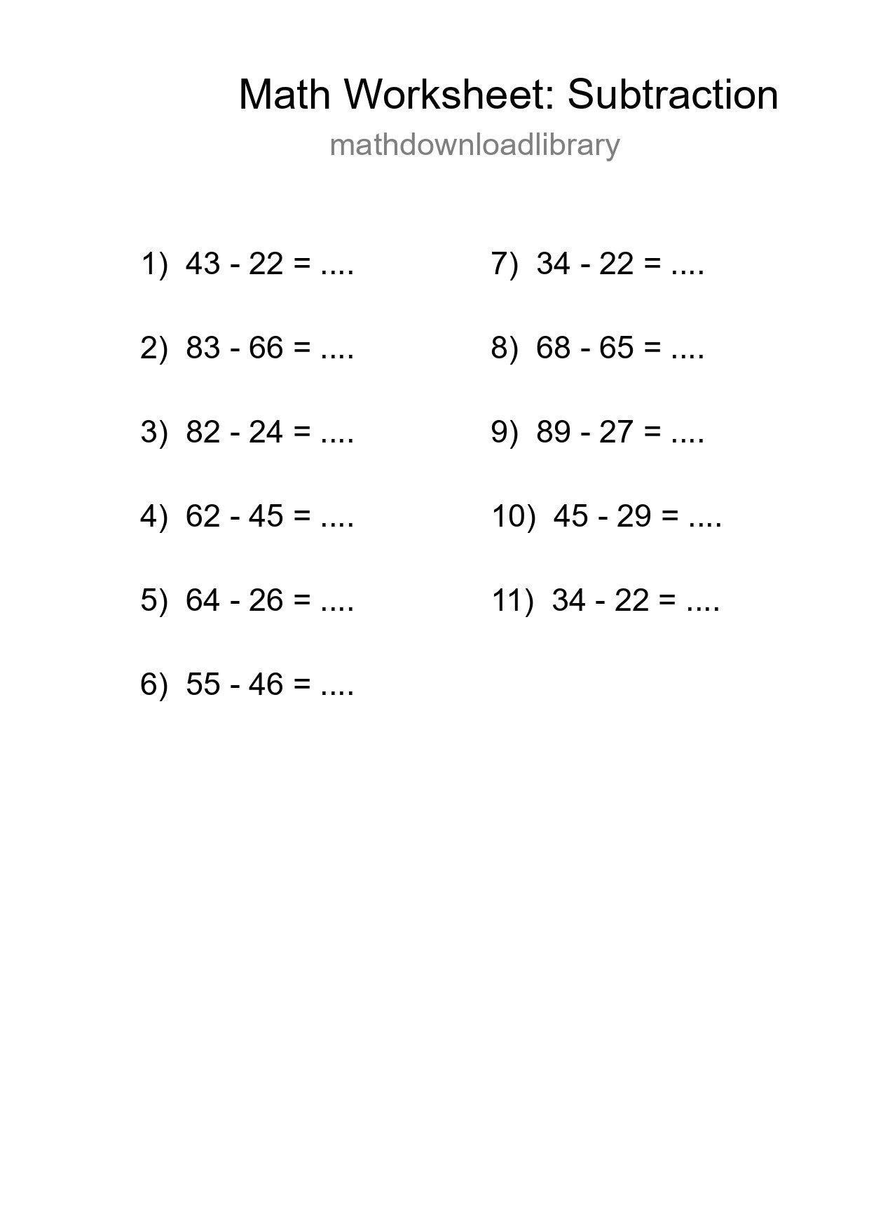 Grade 3 Subtraction Practice Worksheet (11 Problems) - Part 151