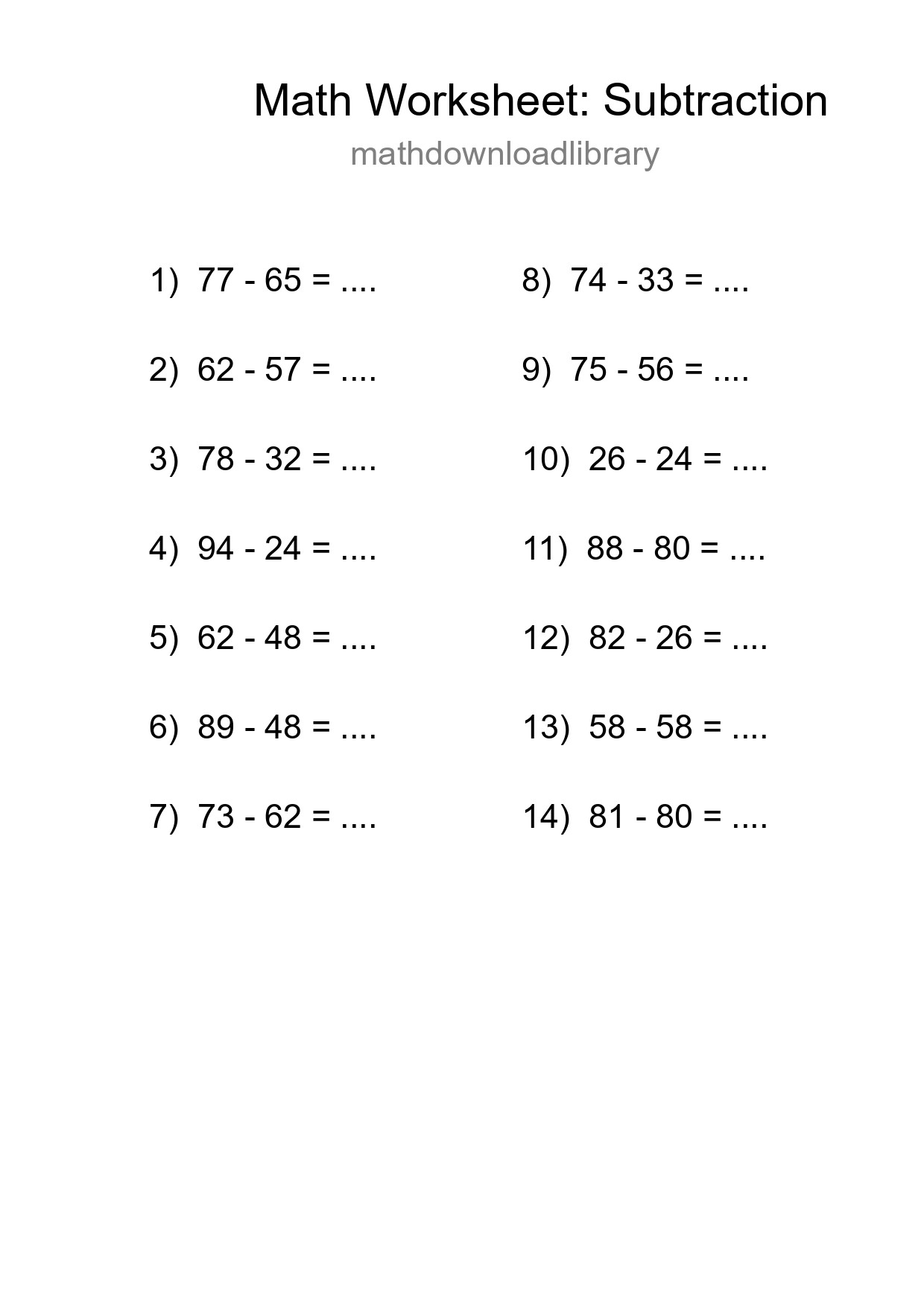 Grade 3 Subtraction Practice Worksheet (14 Problems) - Part 195