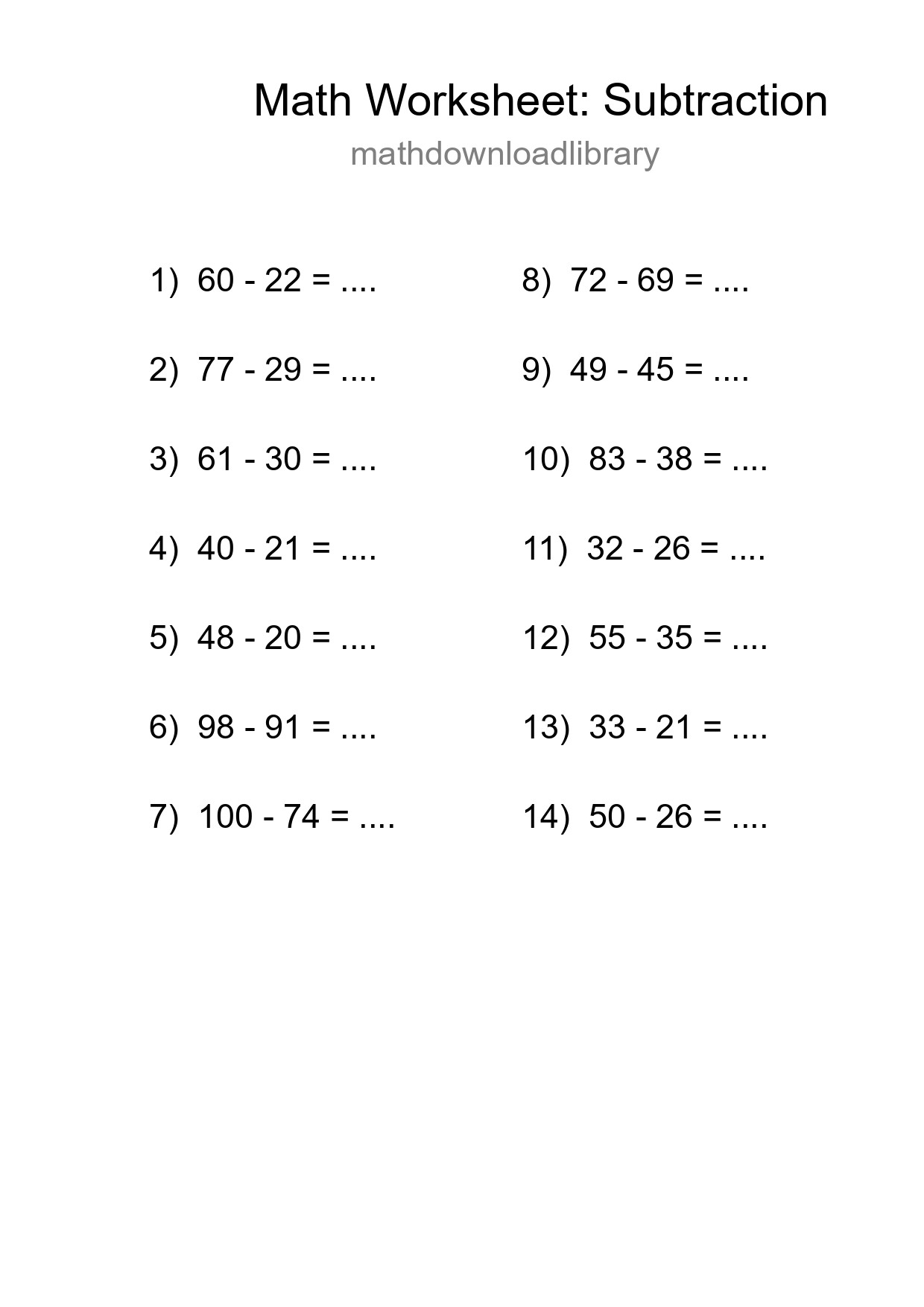 Grade 3 Subtraction Practice Worksheet (14 Problems) - Part 217