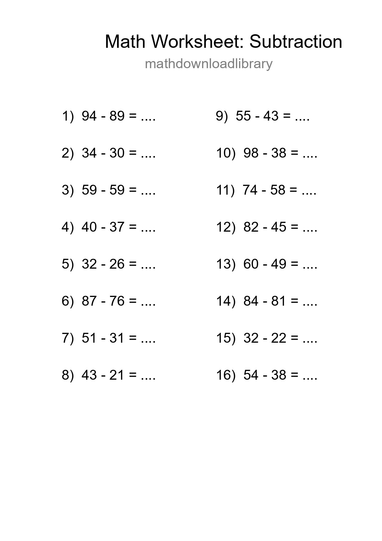 Grade 3 Subtraction Practice Worksheet (16 Problems) - Part 107