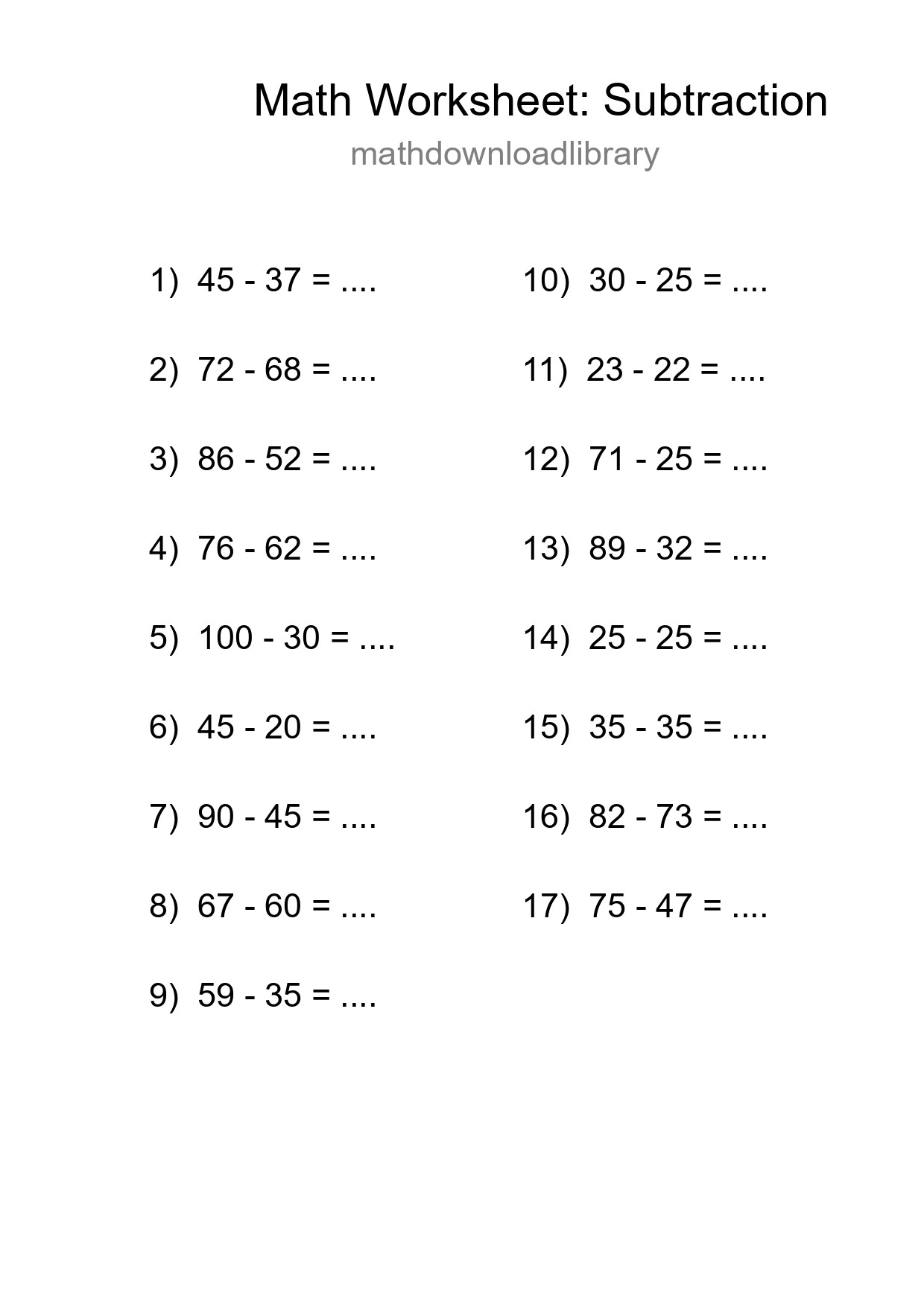 Grade 3 Subtraction Practice Worksheet (17 Problems) - Part 140
