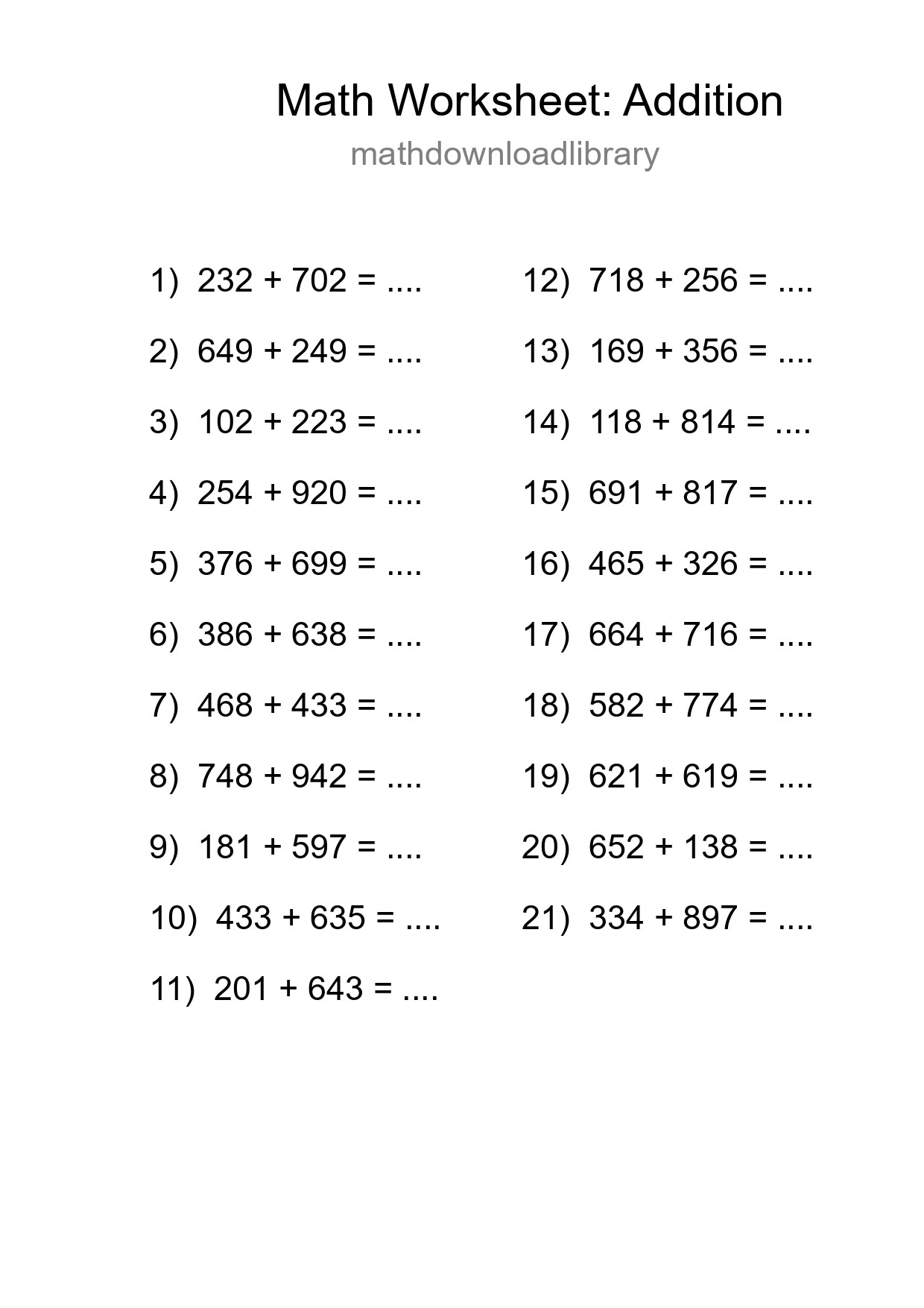 Grade 5 Addition Practice Worksheet (21 Problems) - Part 166