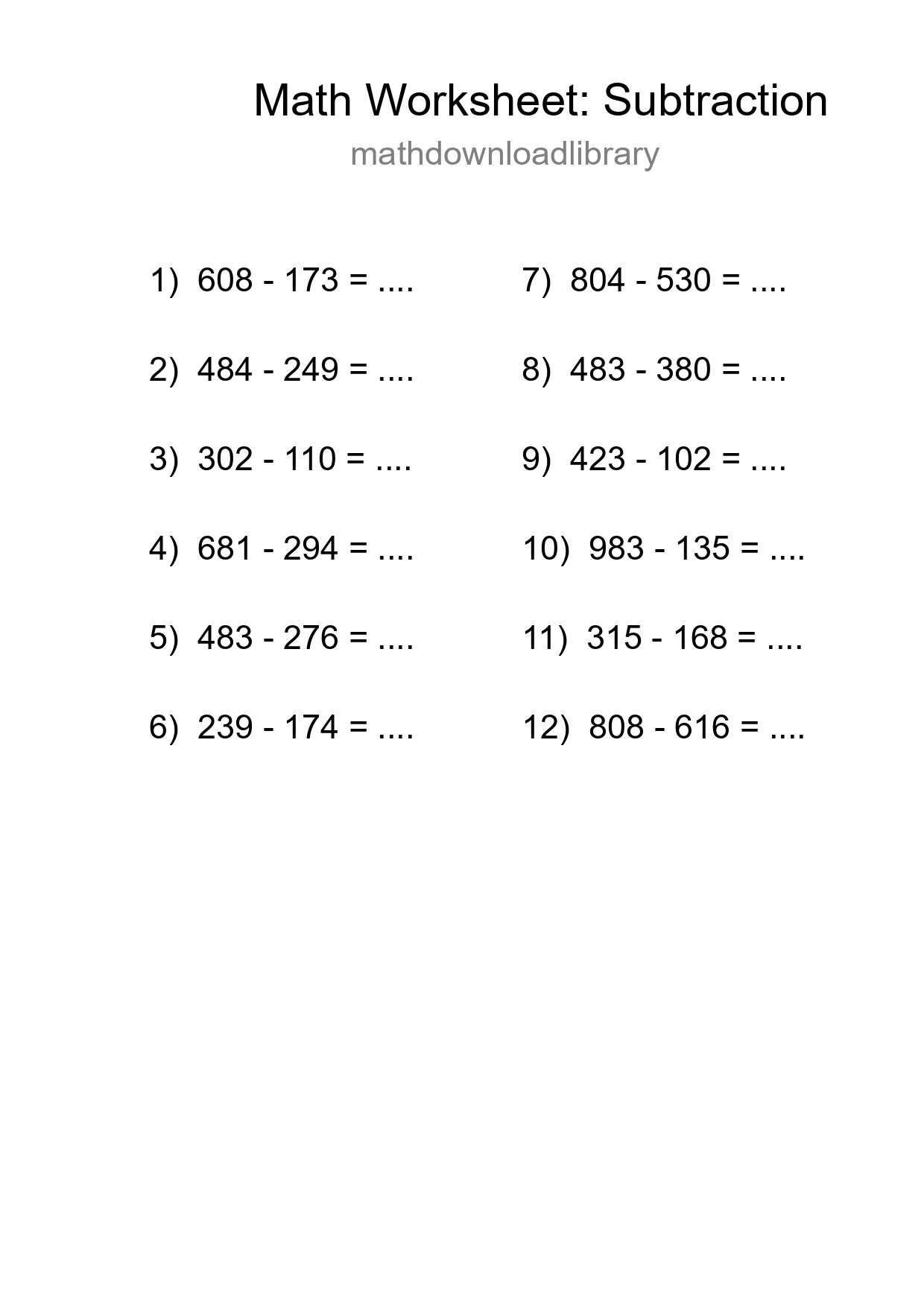 Grade 5 Subtraction Practice Worksheet (12 Problems) - Part 85