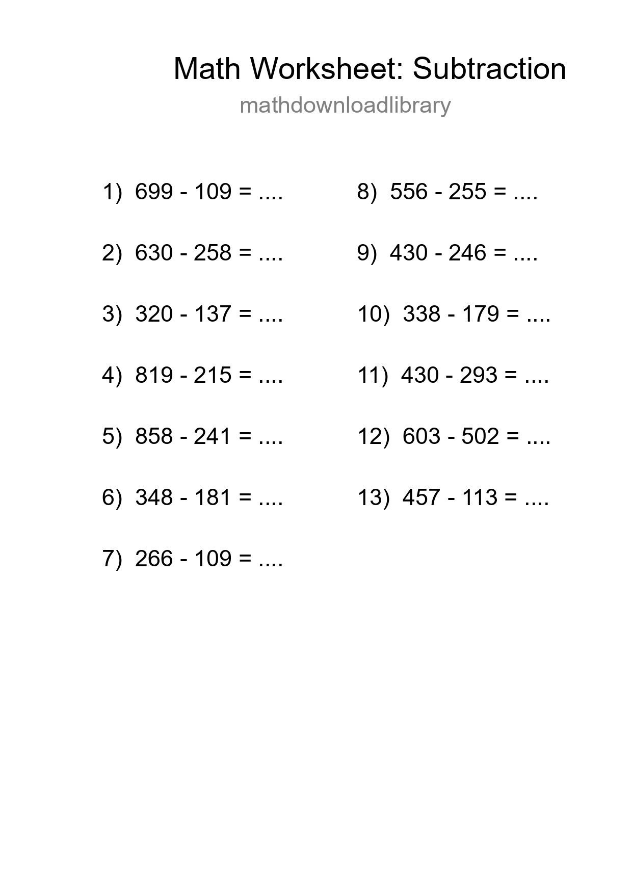 Grade 5 Subtraction Practice Worksheet (13 Problems) - Part 272