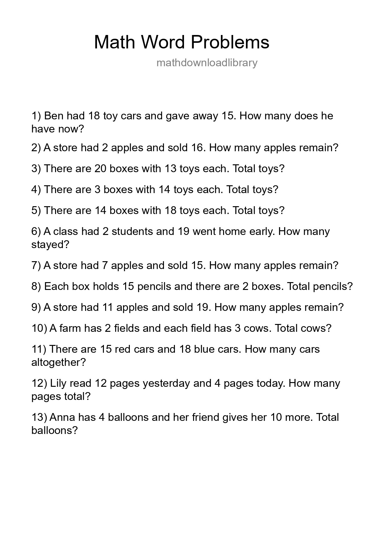 Math Word Problem Worksheet