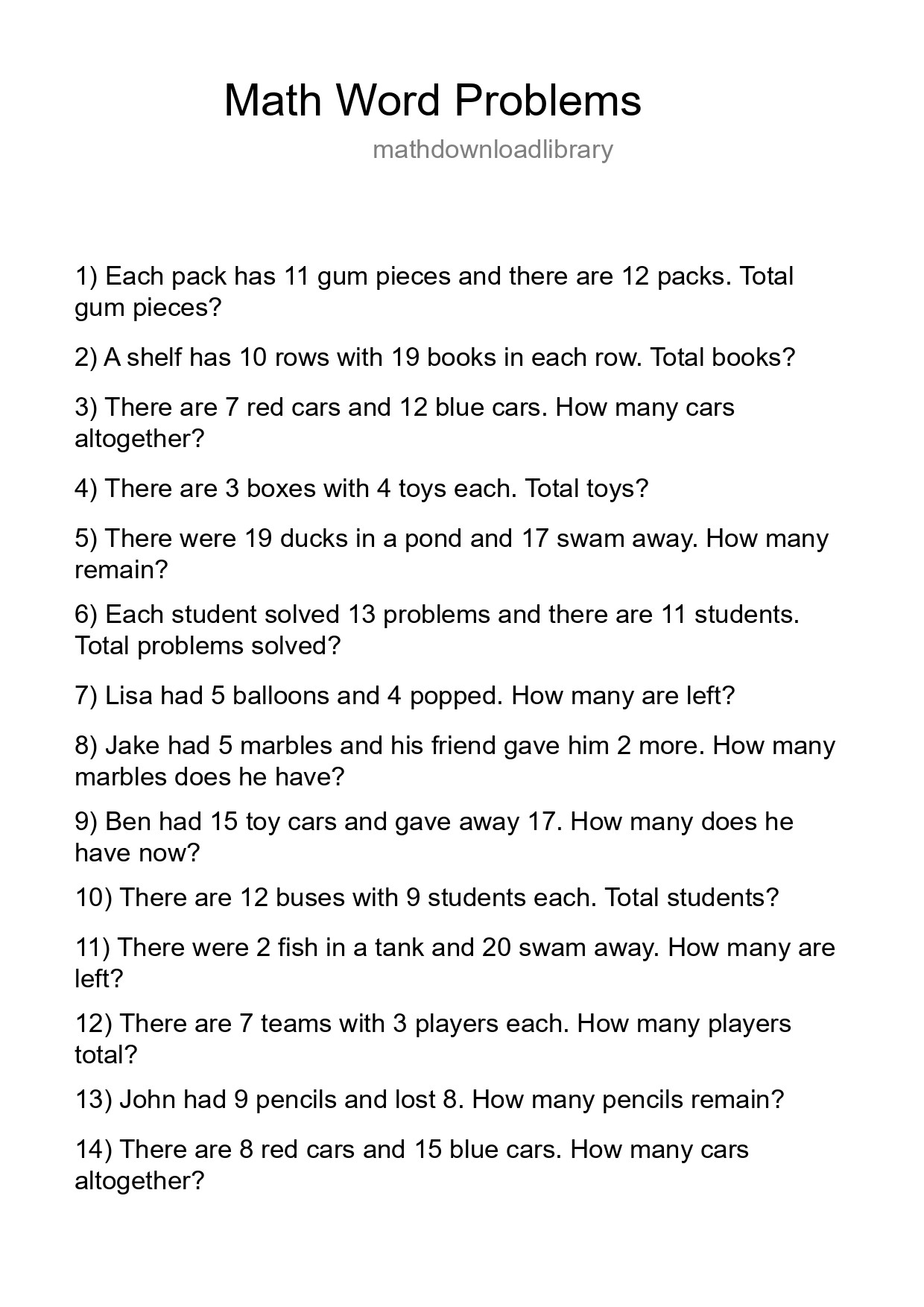 Math Word Problem Worksheet