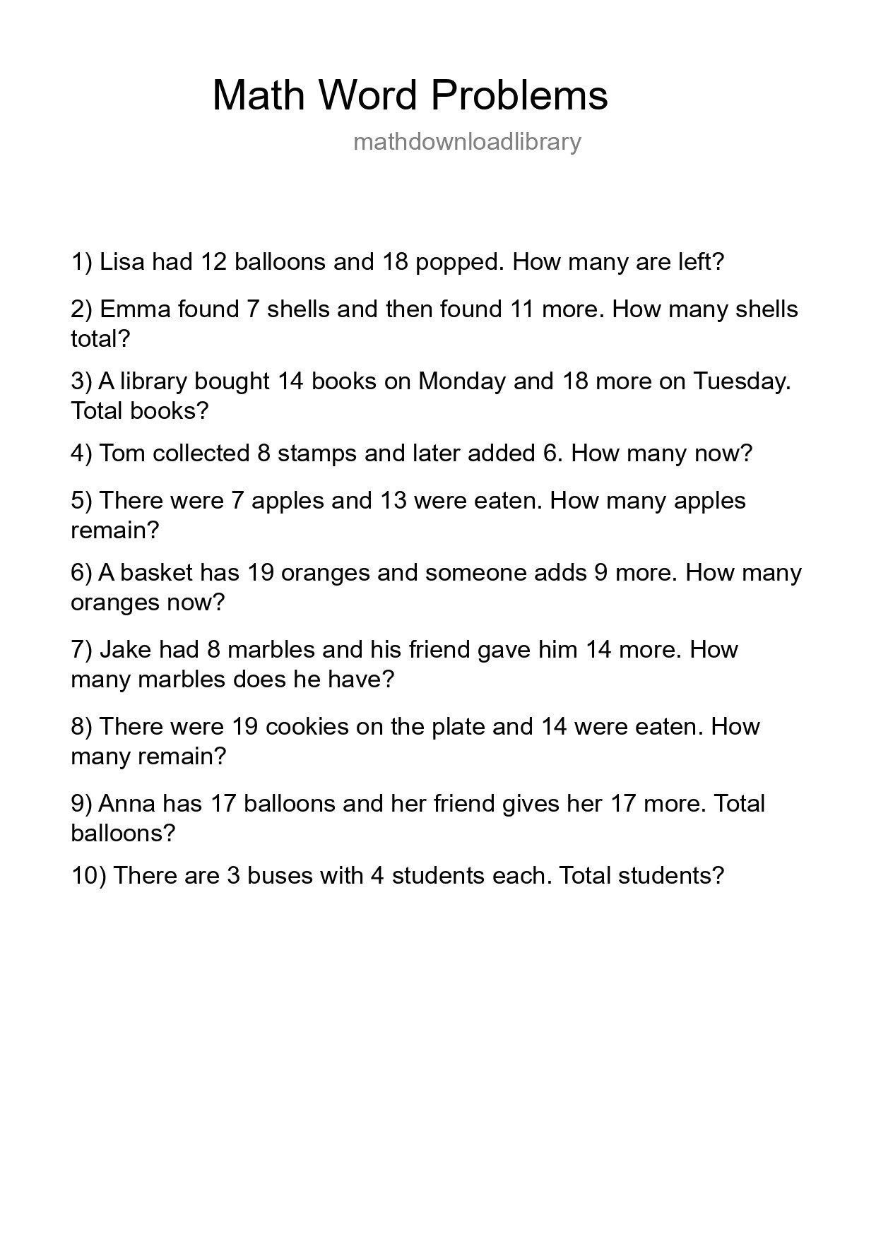 Math Word Problem Worksheet