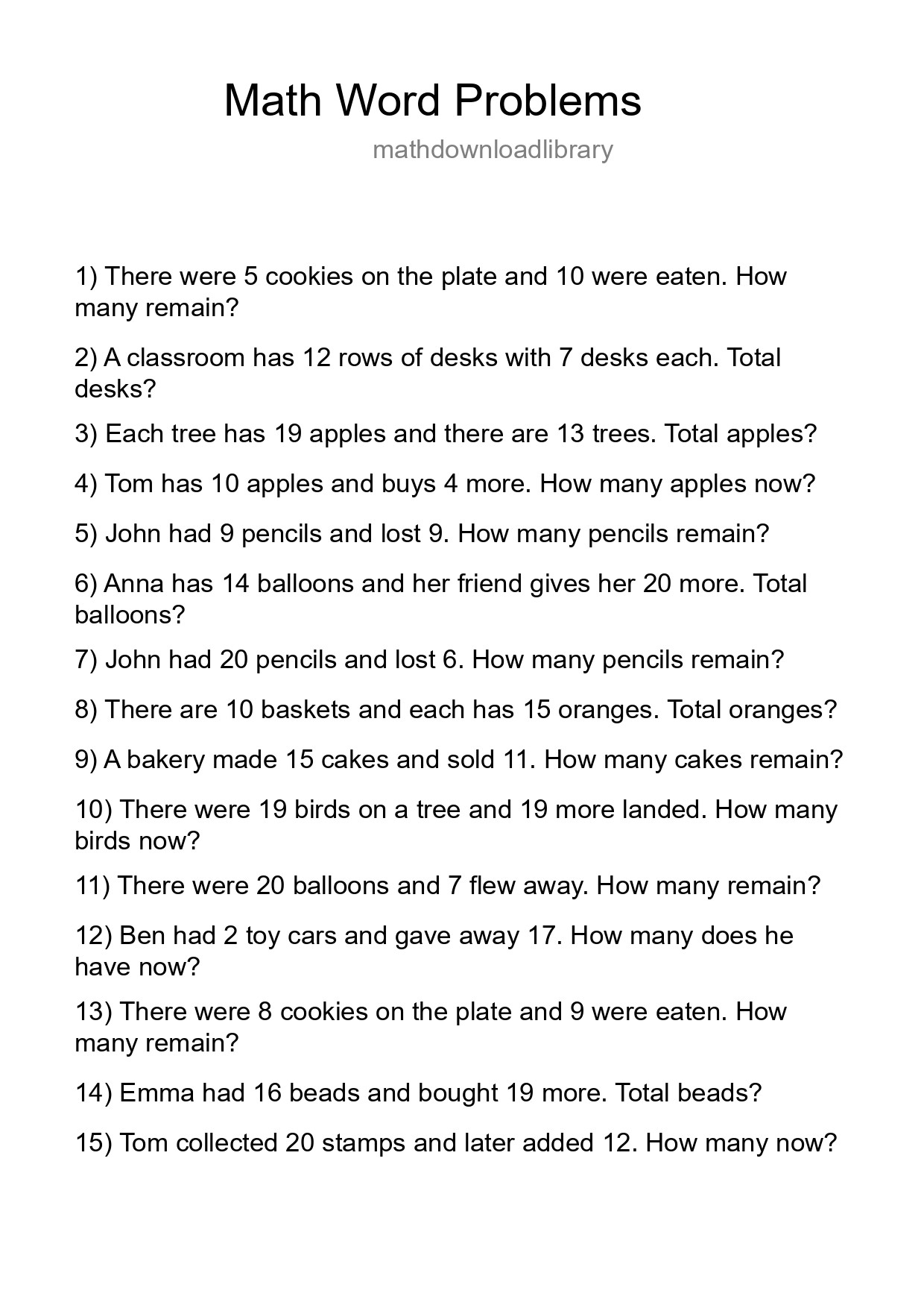 Math Word Problem Worksheet